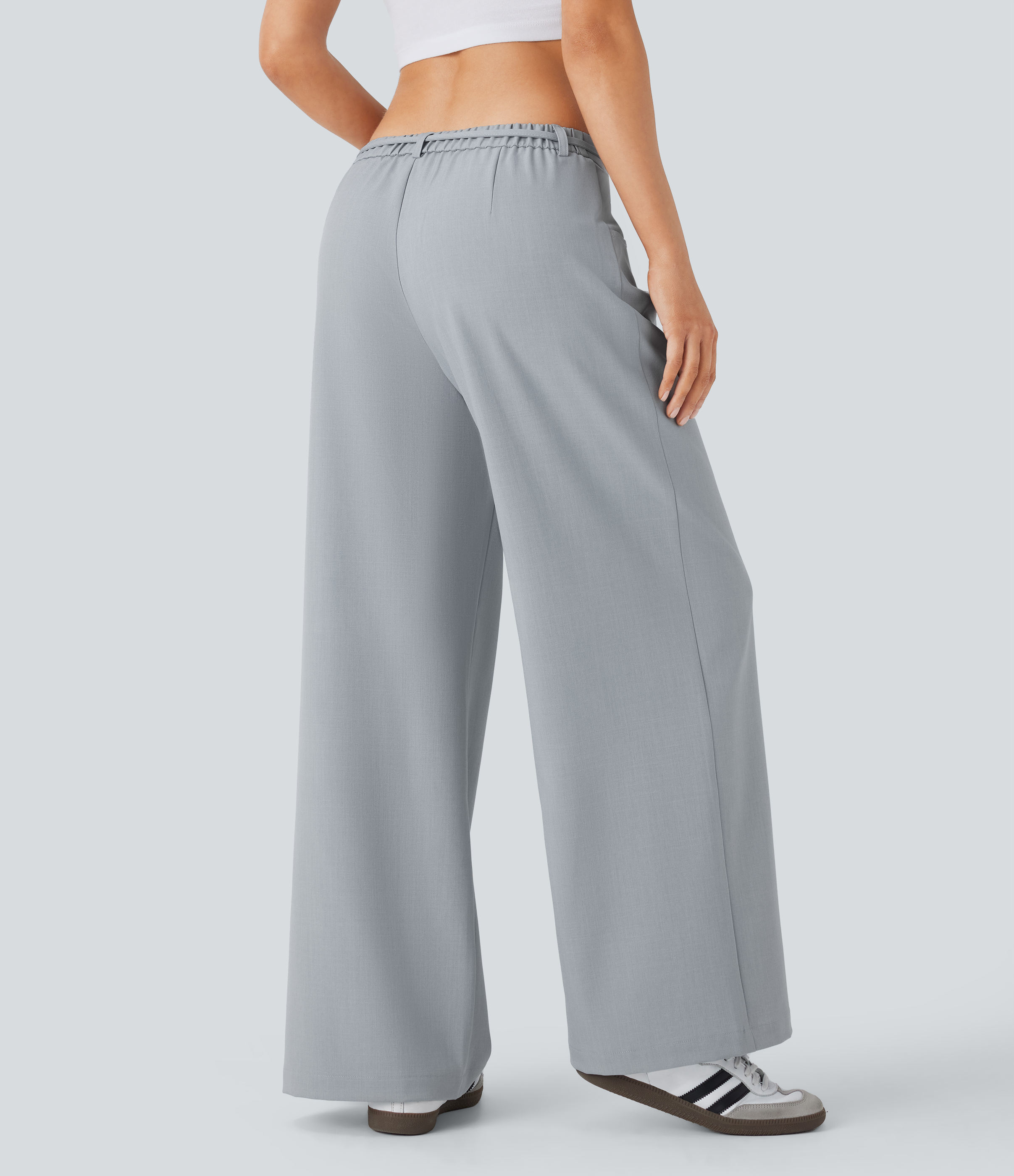 Halara Low Rise Tie Front Side Pocket Wide Leg Casual Pants  - Silver - L sweatpants jogger pants stacked sweatpants cargo joggers 