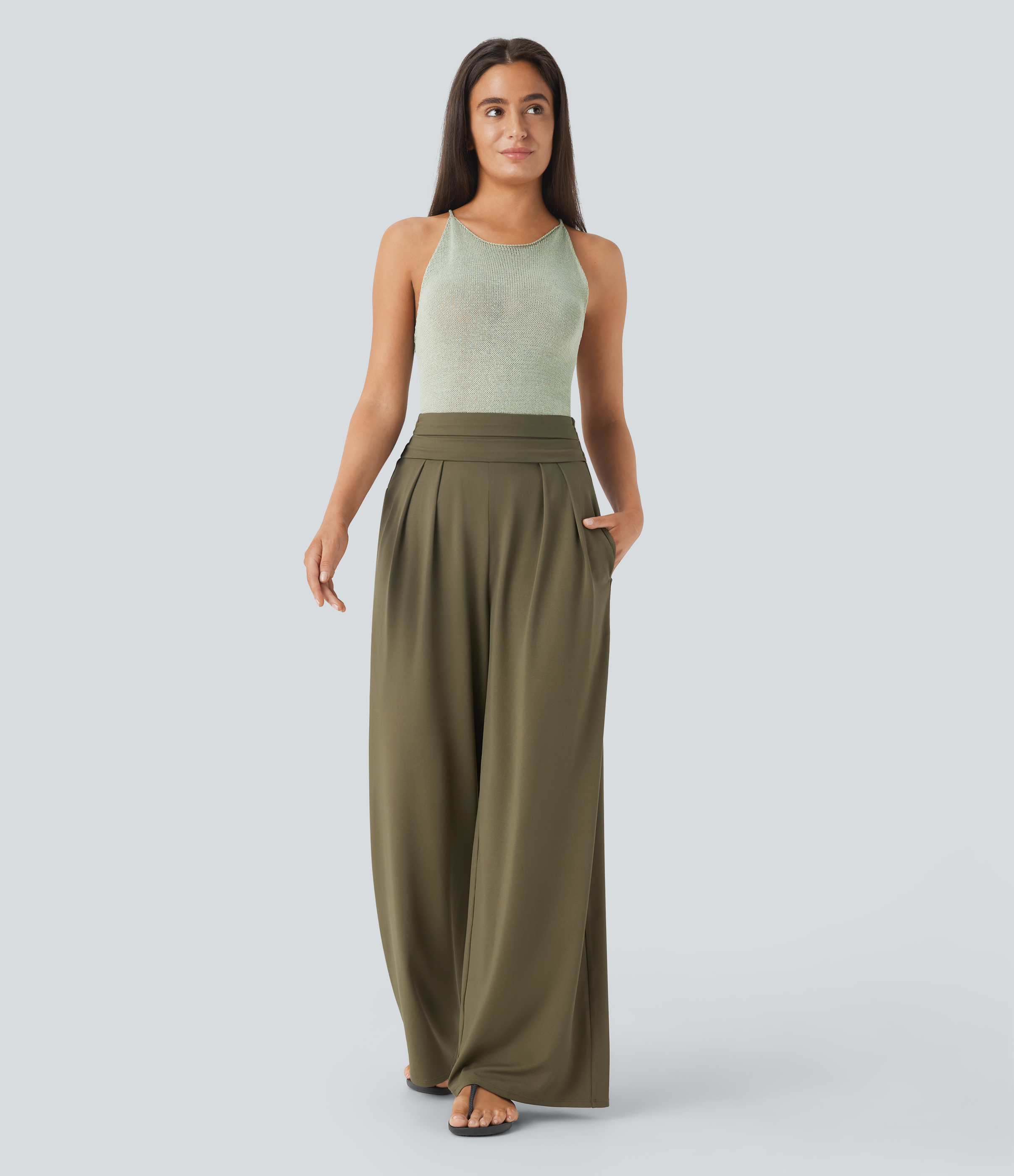 Halara Socinched Super High Waisted Tummy Control Side Pocket Wide Leg Resort Pants  - Capulet Olive - M(regular) sweatpants jogger pants 