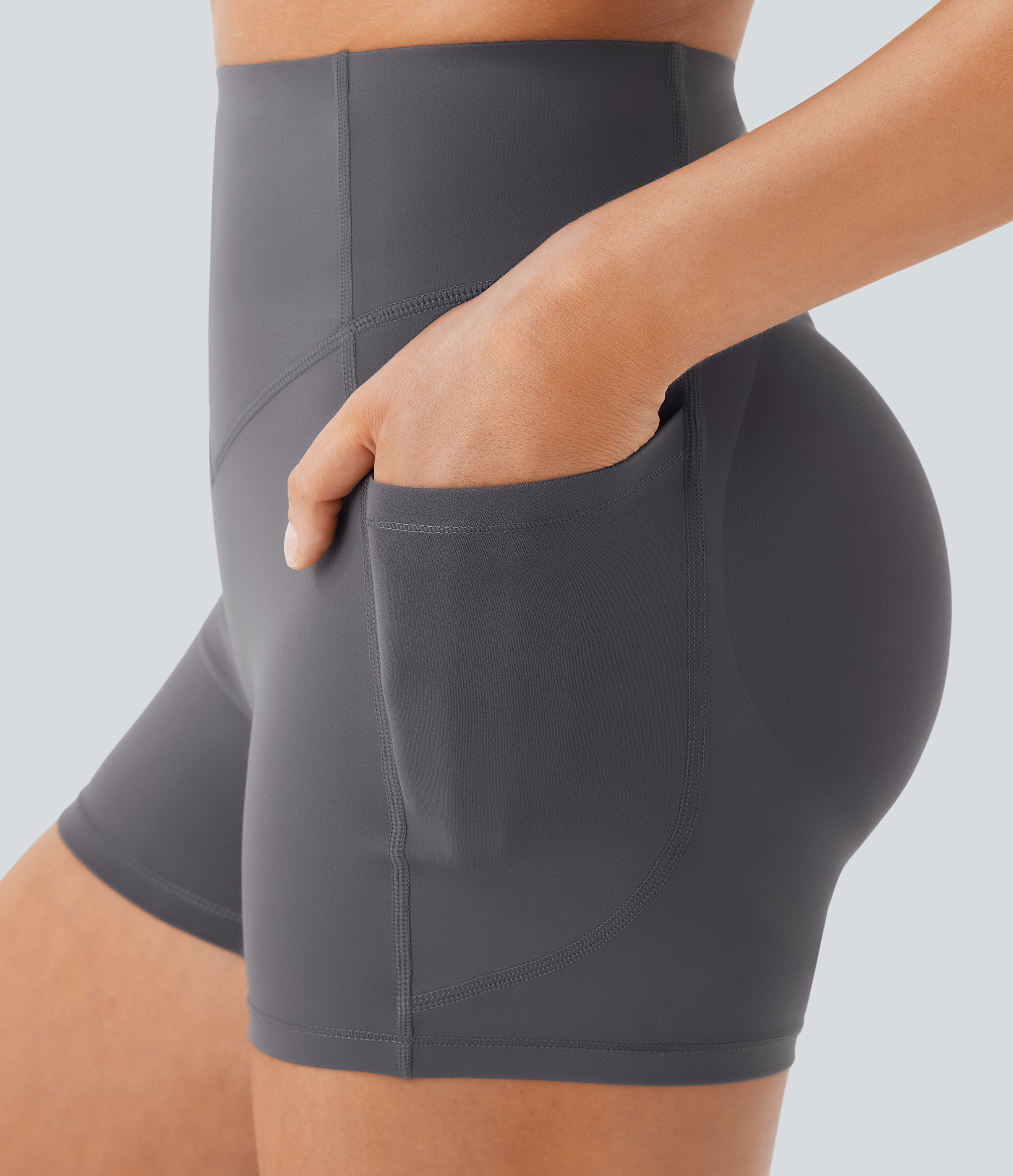 Halara SoCinched High Waisted Butt Lifting Tummy Control Side Pocket Shaping Workout UltraSculpt Biker Shorts 3``  - Volcanic Ash - M 