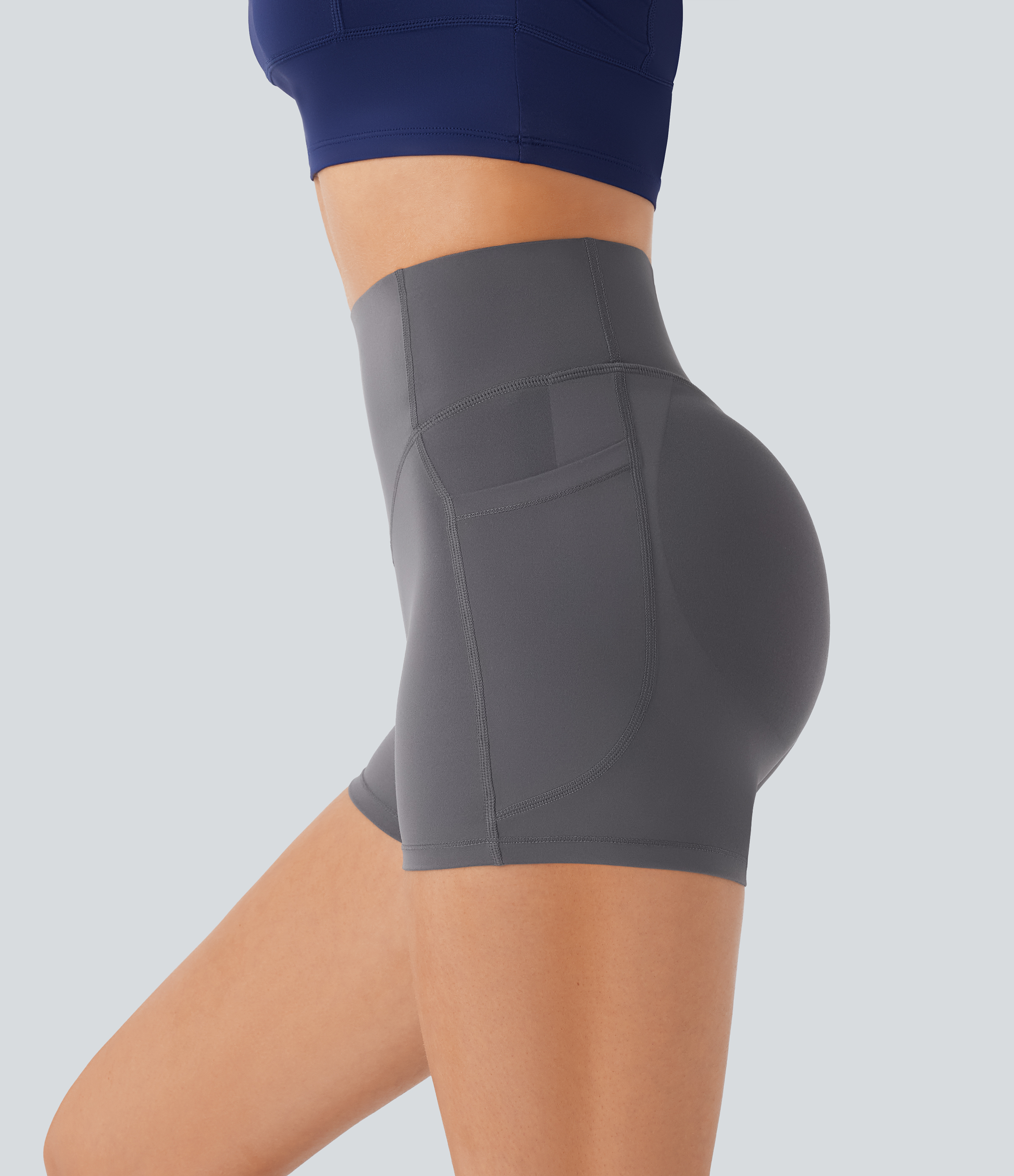 Halara SoCinched High Waisted Butt Lifting Tummy Control Side Pocket Shaping Workout UltraSculpt Biker Shorts 3``  - Volcanic Ash - M 