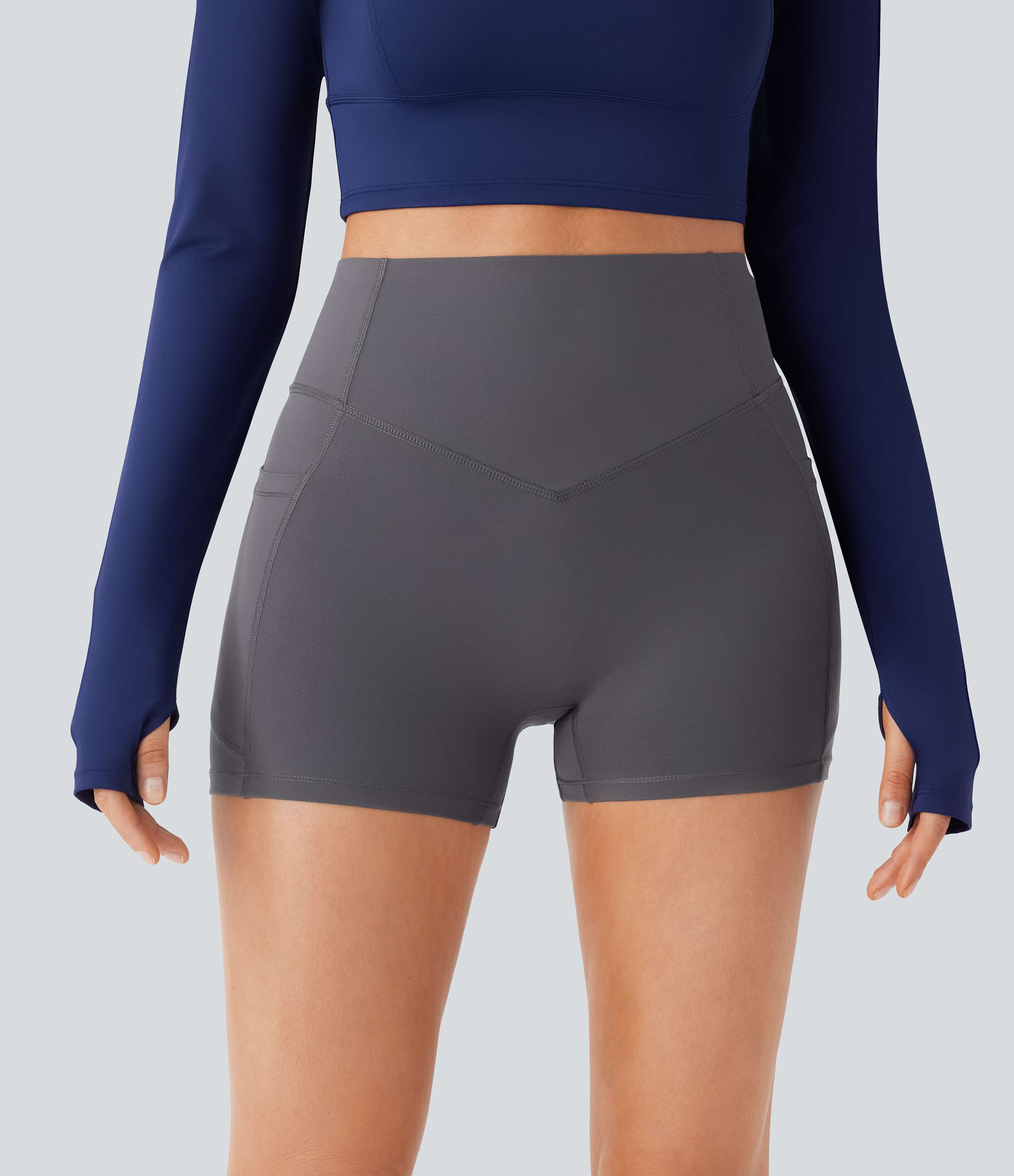 Halara SoCinched High Waisted Butt Lifting Tummy Control Side Pocket Shaping Workout UltraSculpt Biker Shorts 3``  - Volcanic Ash - M 