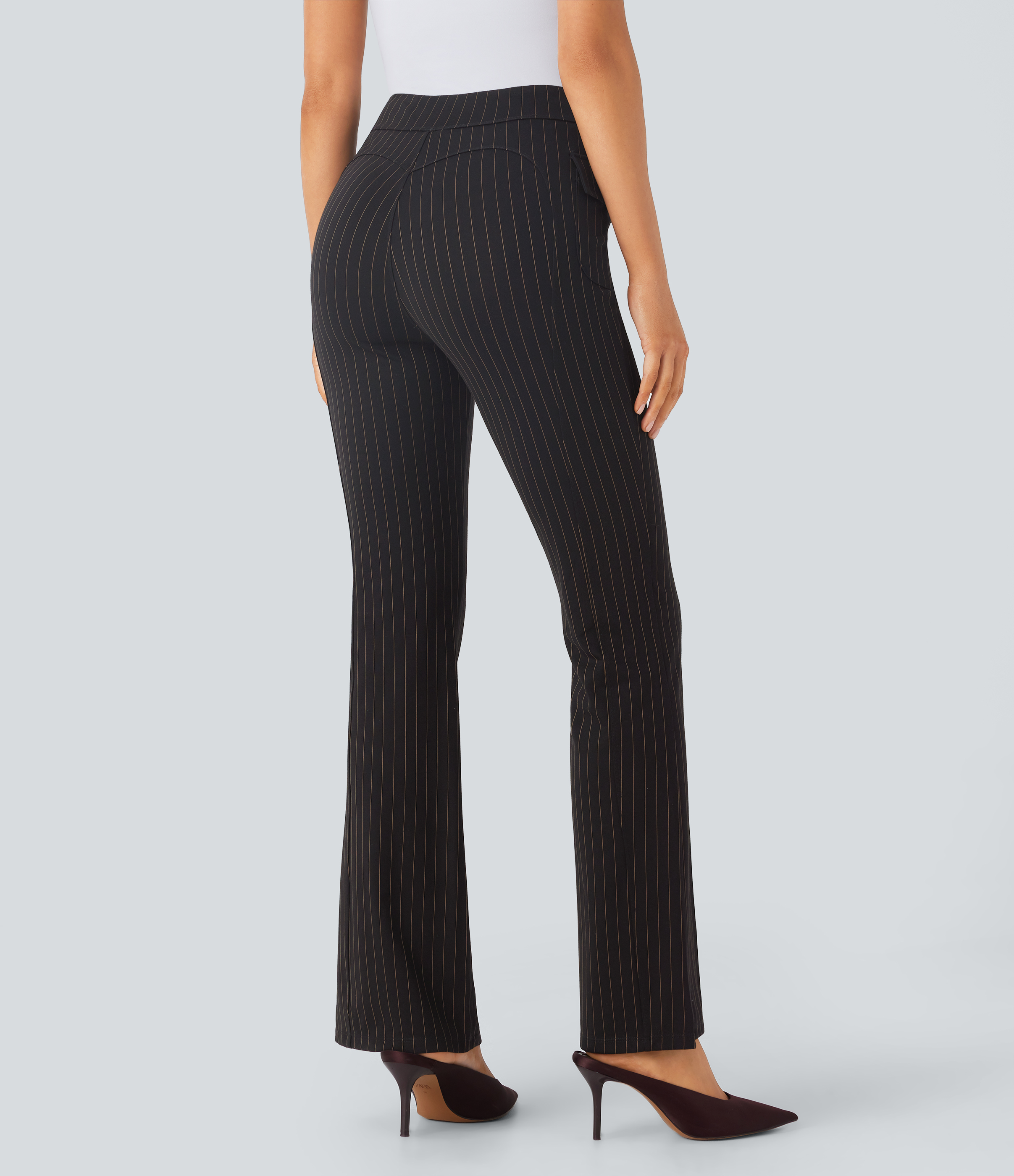 Black Brown Black Pinstripe Pantalón acampanado tiro alto bolsillo solapa raya tacto fresco / 2