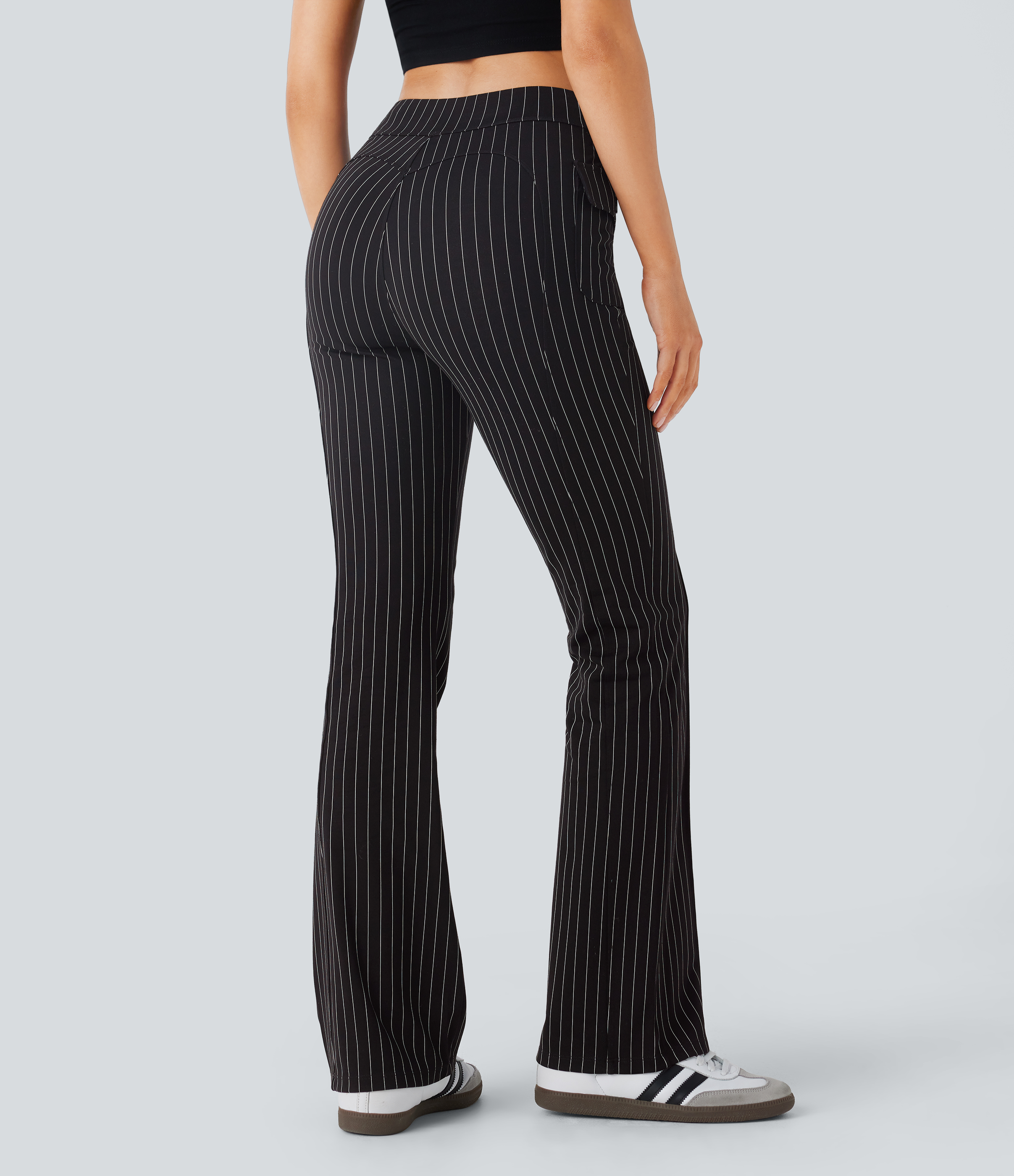 Black White Pinstripe Pantalón acampanado tiro alto bolsillo solapa raya tacto fresco / 2
