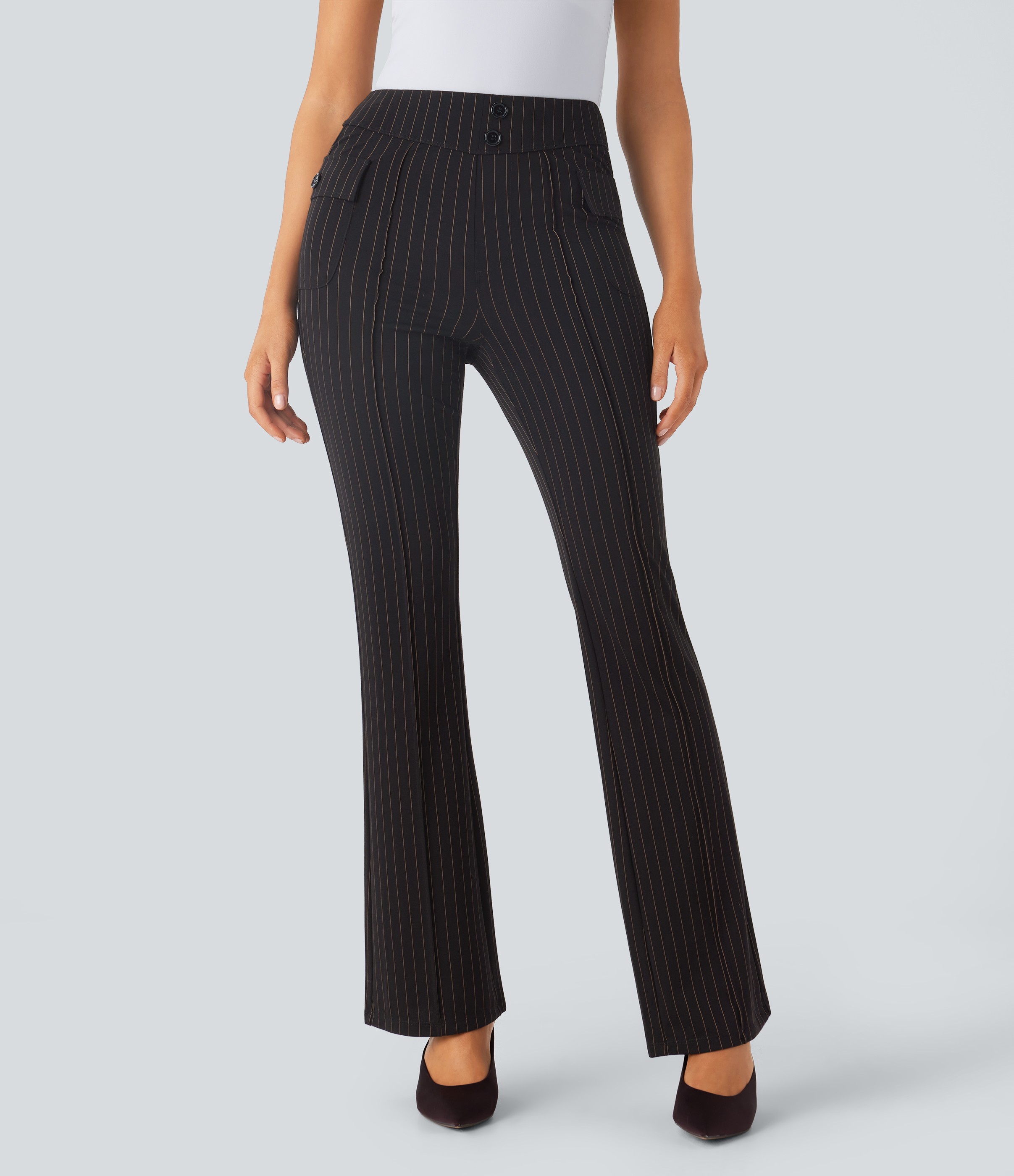Pantalón acampanado tiro alto bolsillo solapa raya tacto fresco