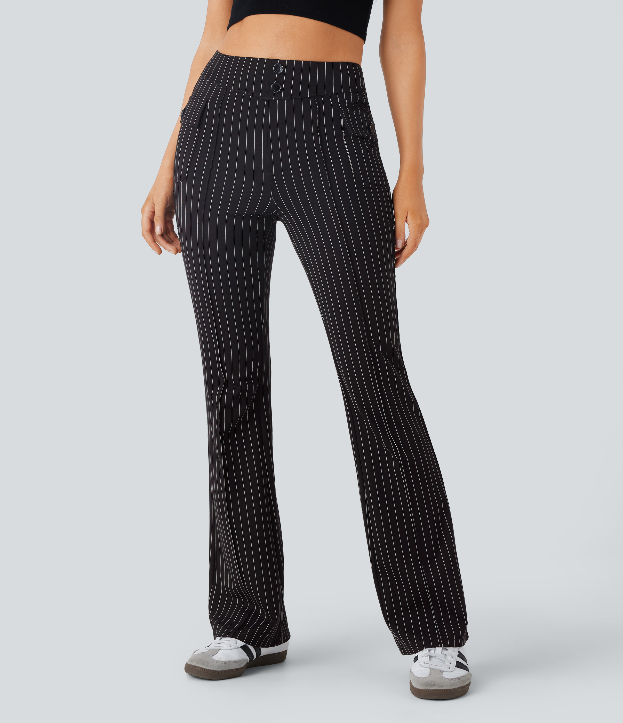 Black White Pinstripe Pantalón acampanado tiro alto bolsillo solapa raya tacto fresco / 1