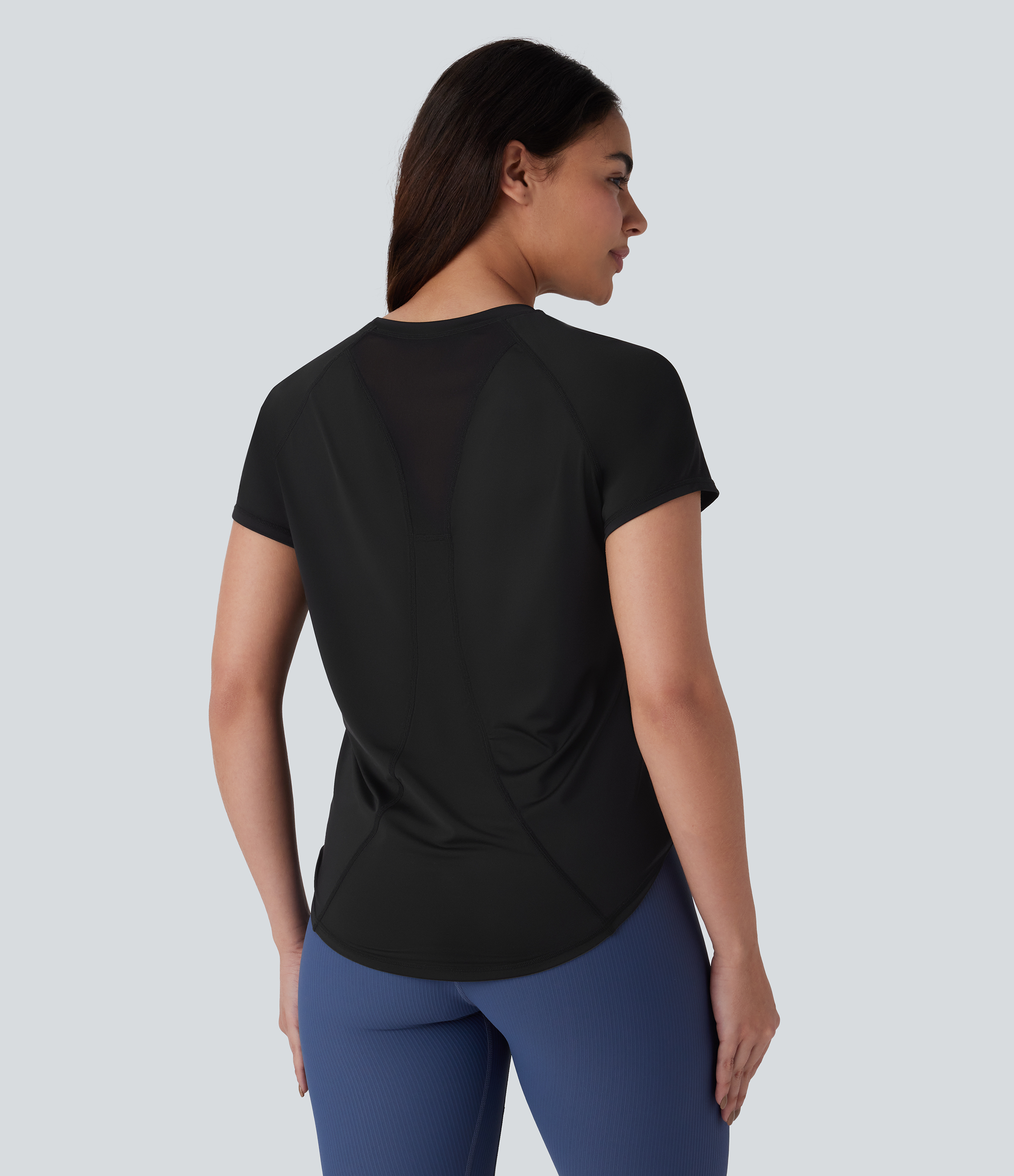 Halara Round Neck Short Sleeve Contrast Mesh Curved Hem Yoga Sports Top  - Black - S 