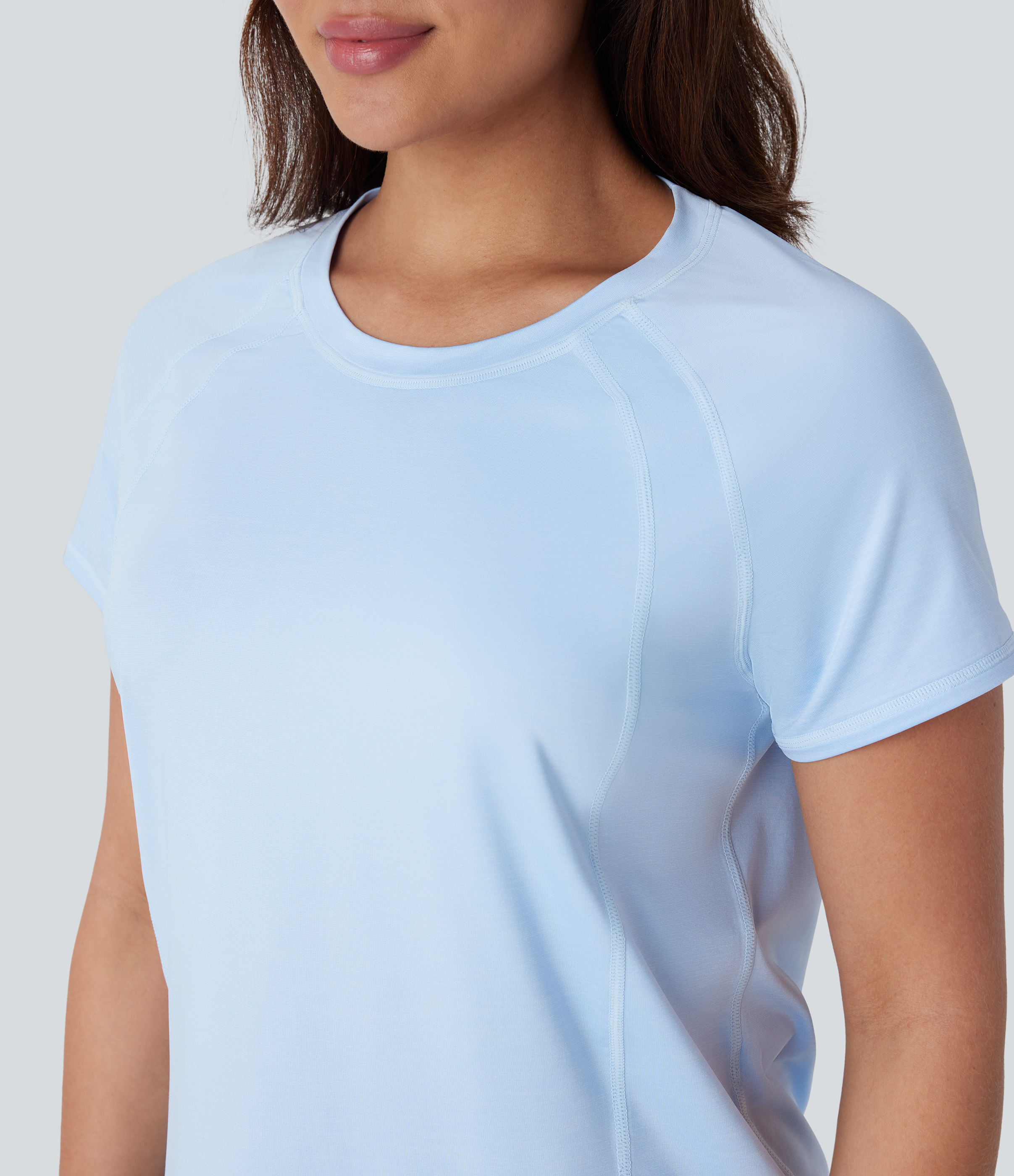 Halara Round Neck Short Sleeve Contrast Mesh Curved Hem Yoga Sports Top  - Baby Blue - M 