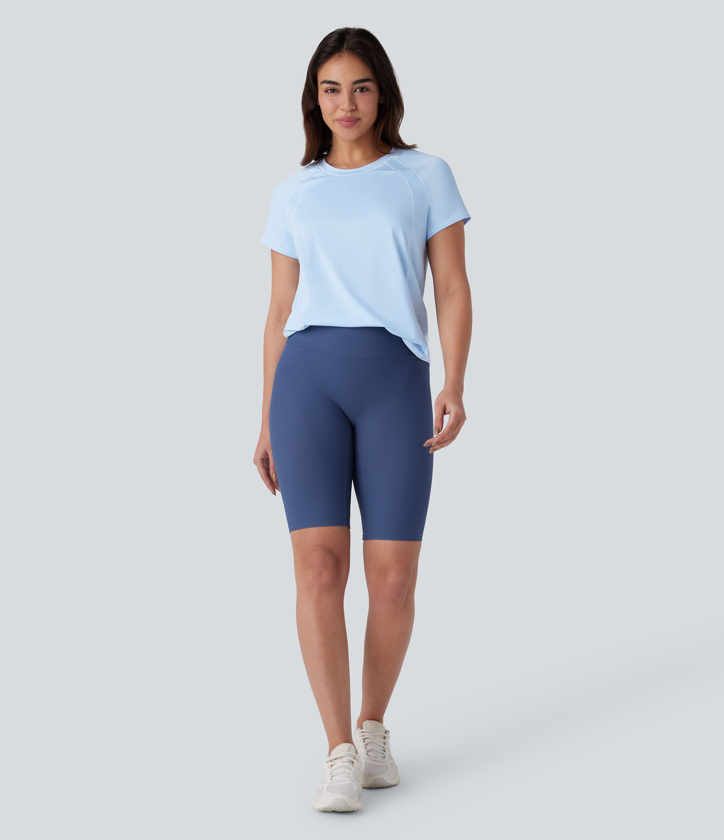 Halara Round Neck Short Sleeve Contrast Mesh Curved Hem Yoga Sports Top  - Baby Blue - M 