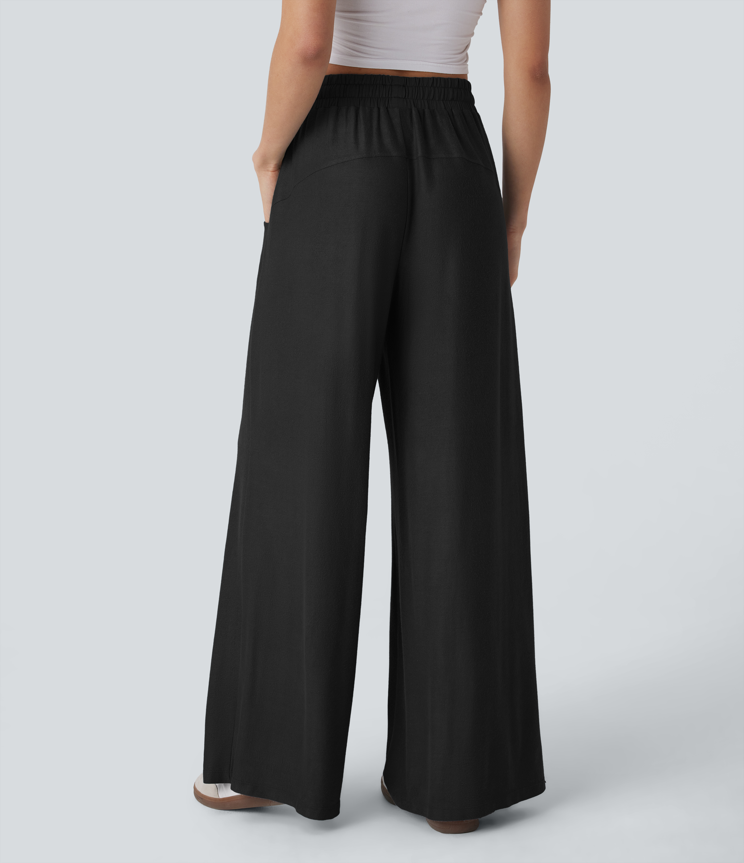 Halara Mid Rise Drawstring Side Pocket Wide Leg Casual Pants  - Black - S(regular) sweatpants jogger pants stacked sweatpants cargo joggers 