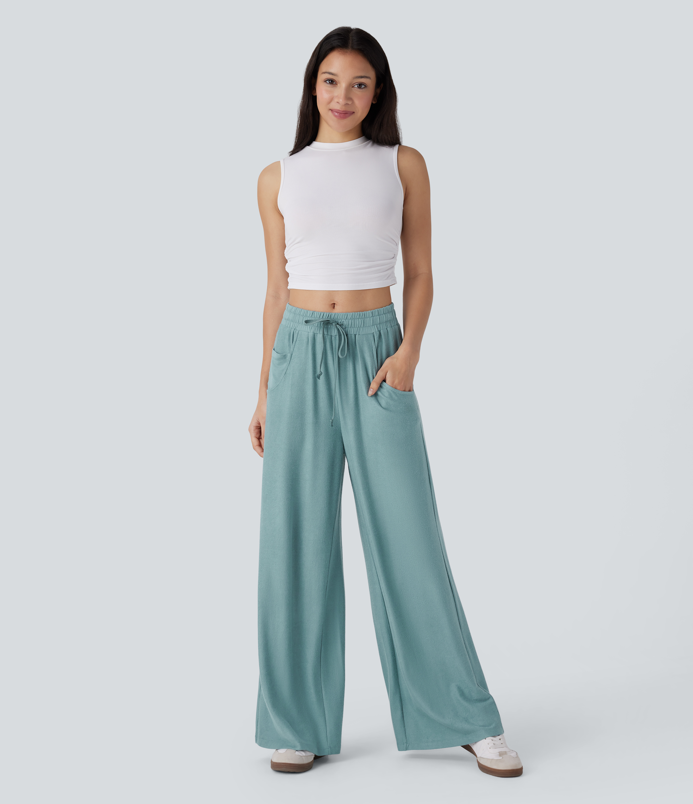 Halara Mid Rise Drawstring Side Pocket Wide Leg Casual Pants  - Mineral Blue - M(regular) sweatpants jogger pants stacked sweatpants 