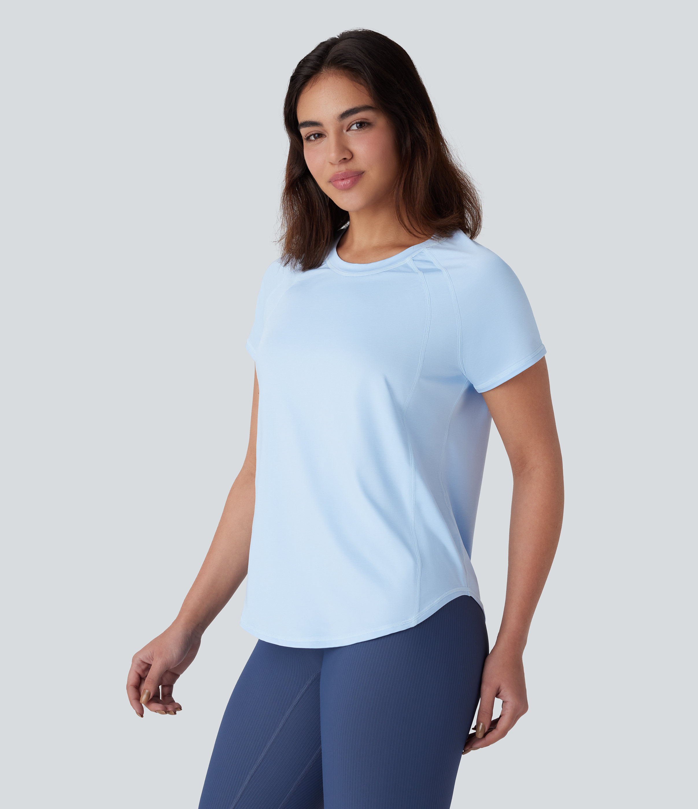 Halara Round Neck Short Sleeve Contrast Mesh Curved Hem Yoga Sports Top  - Baby Blue - M 