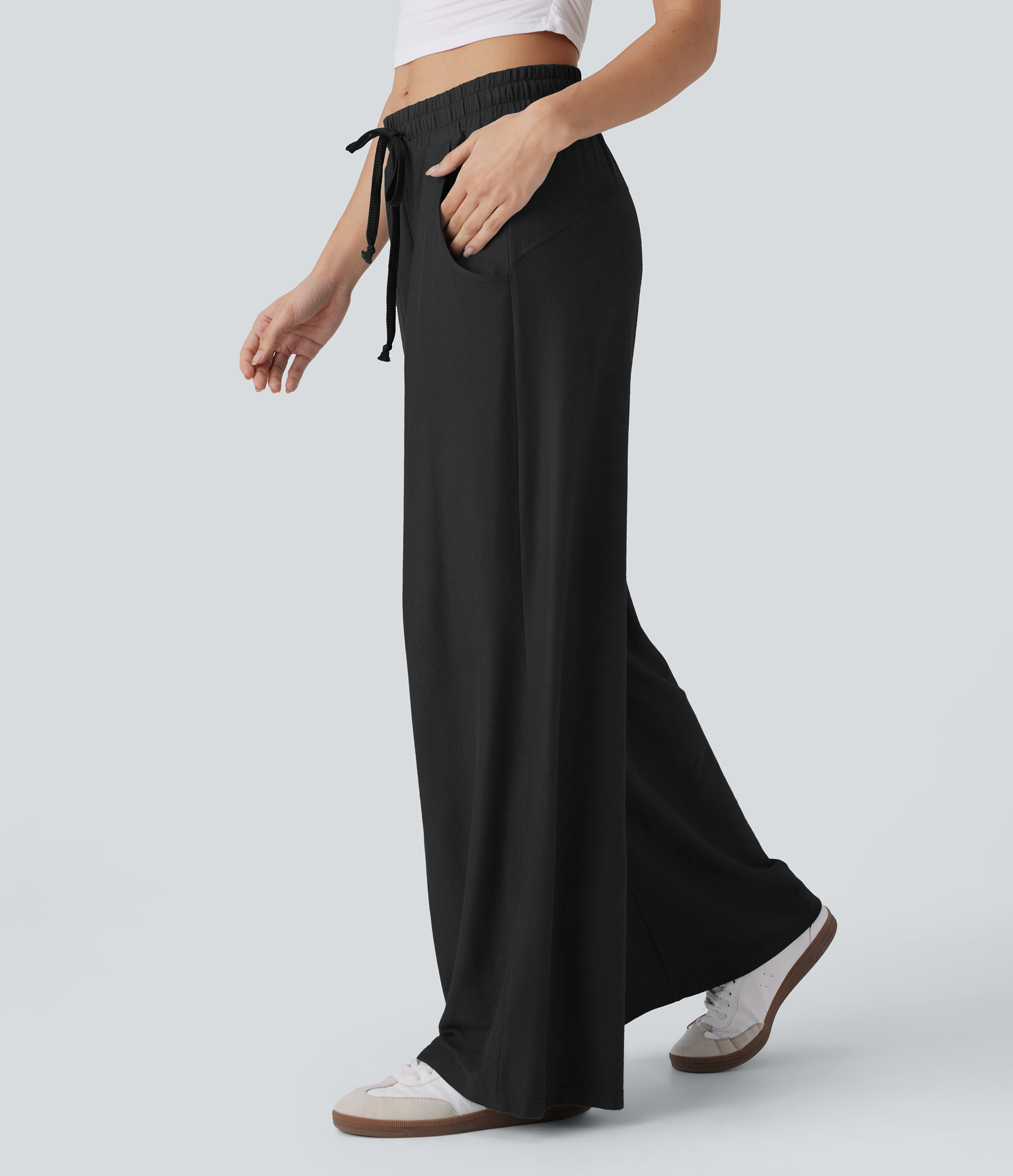 Halara Mid Rise Drawstring Side Pocket Wide Leg Casual Pants  - Black - S(regular) sweatpants jogger pants stacked sweatpants cargo joggers 