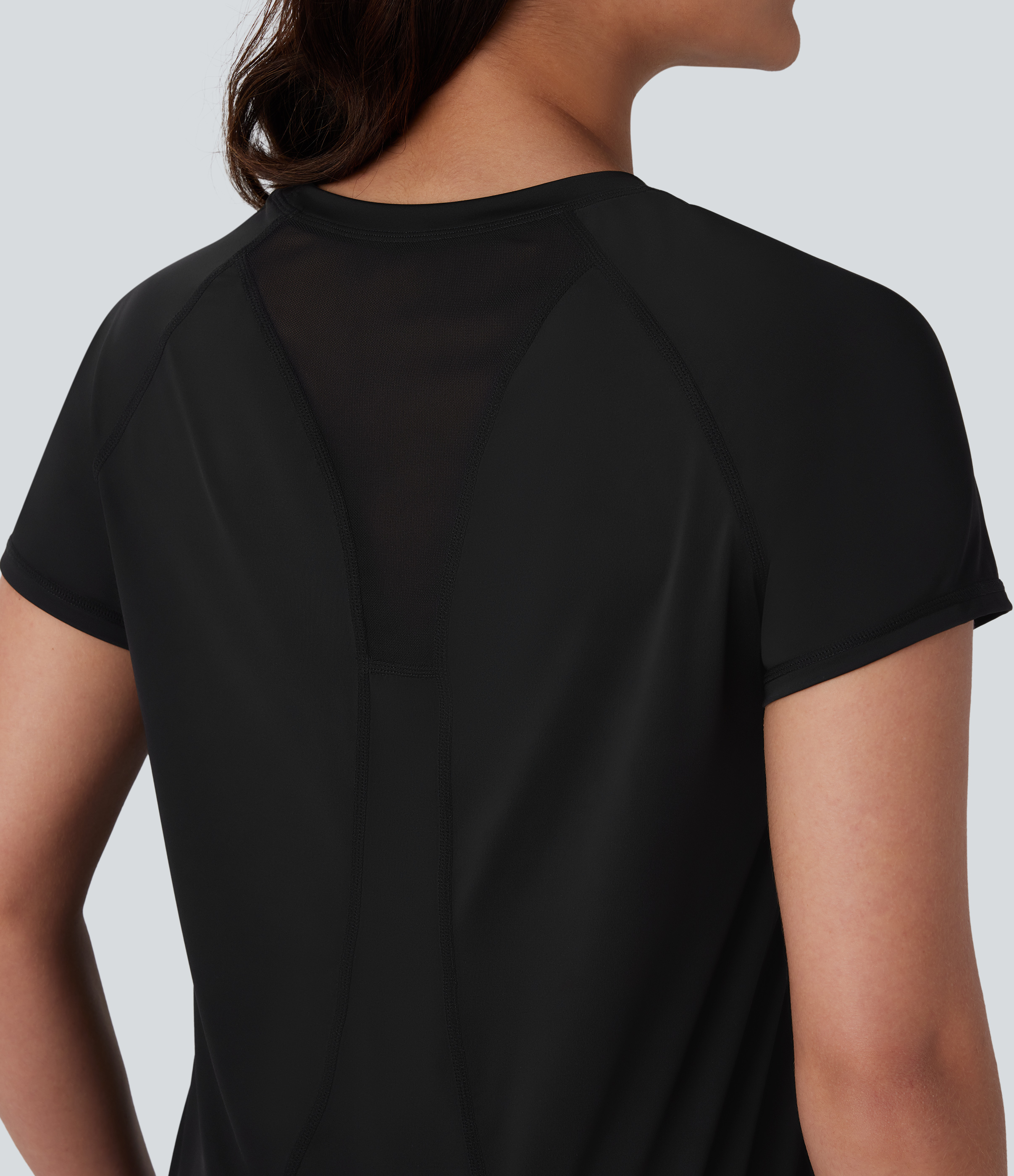 Halara Round Neck Short Sleeve Contrast Mesh Curved Hem Yoga Sports Top  - Black - S 