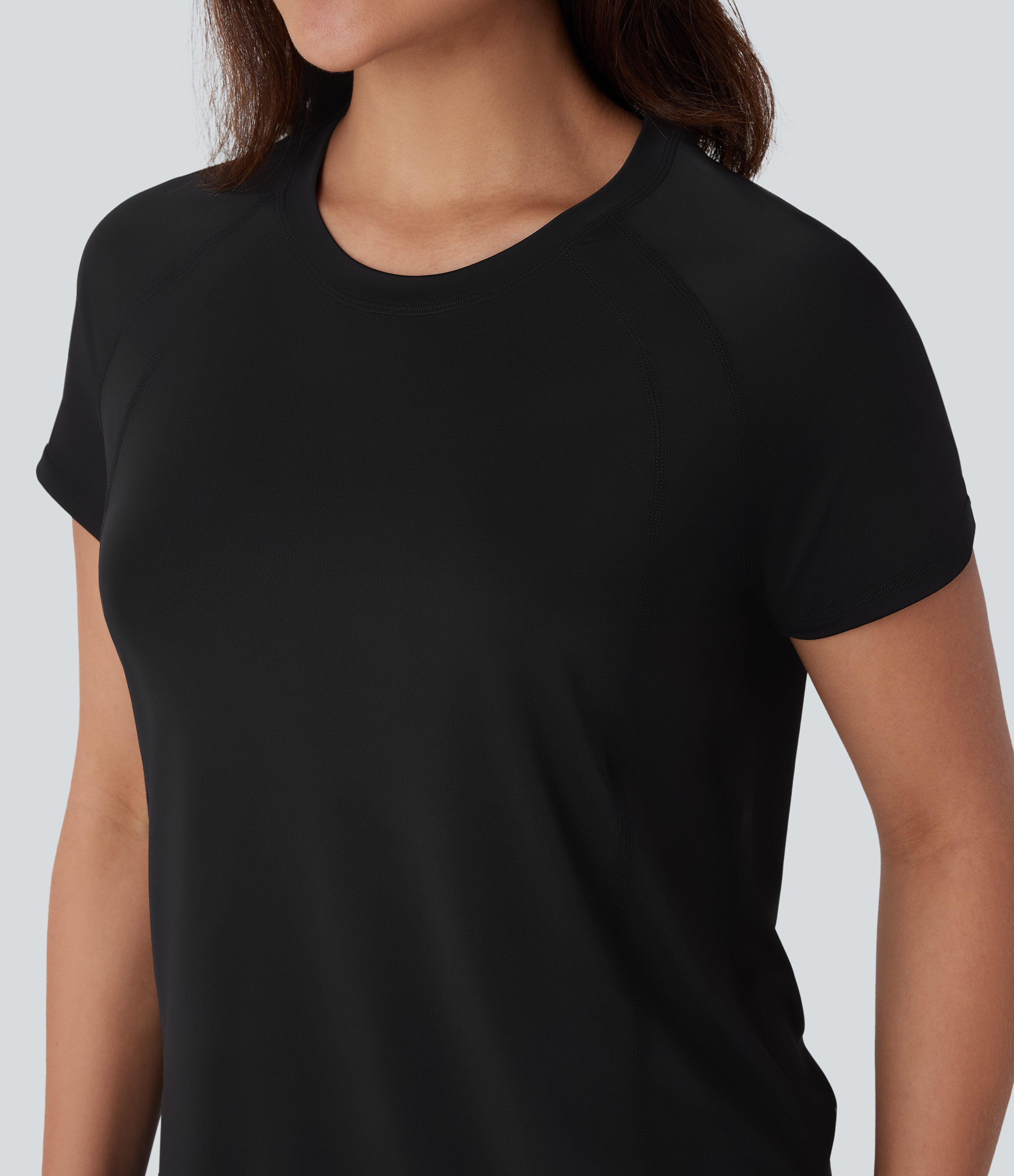 Halara Round Neck Short Sleeve Contrast Mesh Curved Hem Yoga Sports Top  - Black - S 