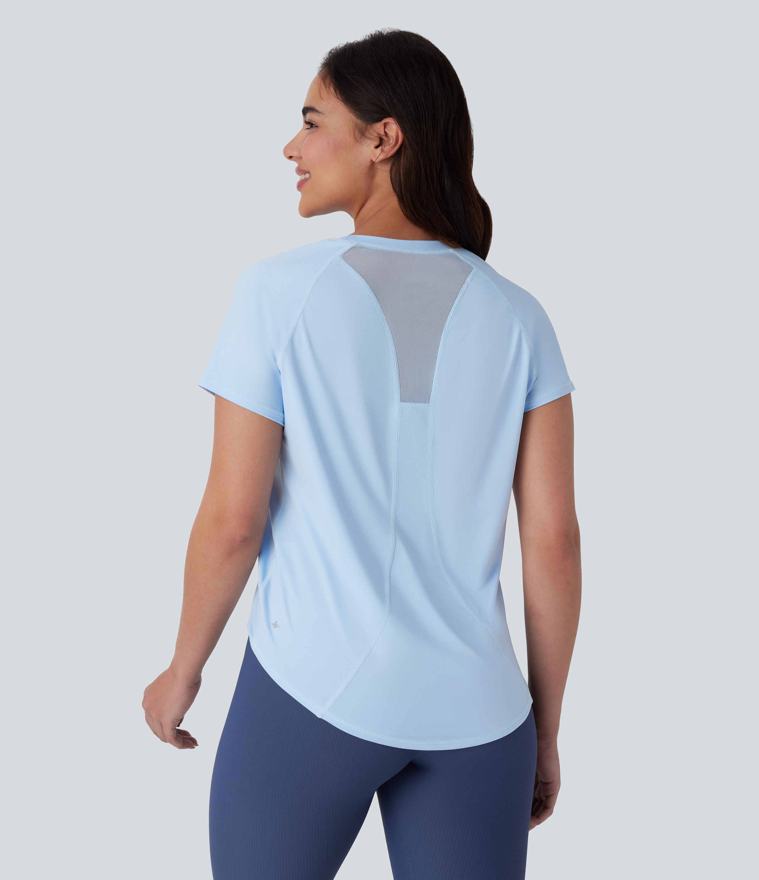 Halara Round Neck Short Sleeve Contrast Mesh Curved Hem Yoga Sports Top  - Baby Blue - M 