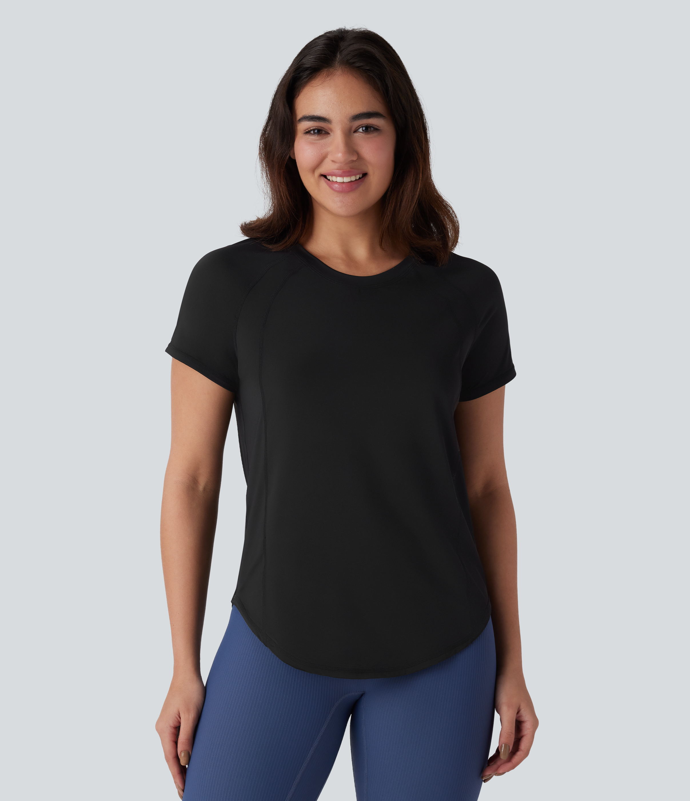 Halara Round Neck Short Sleeve Contrast Mesh Curved Hem Yoga Sports Top  - Black - S 
