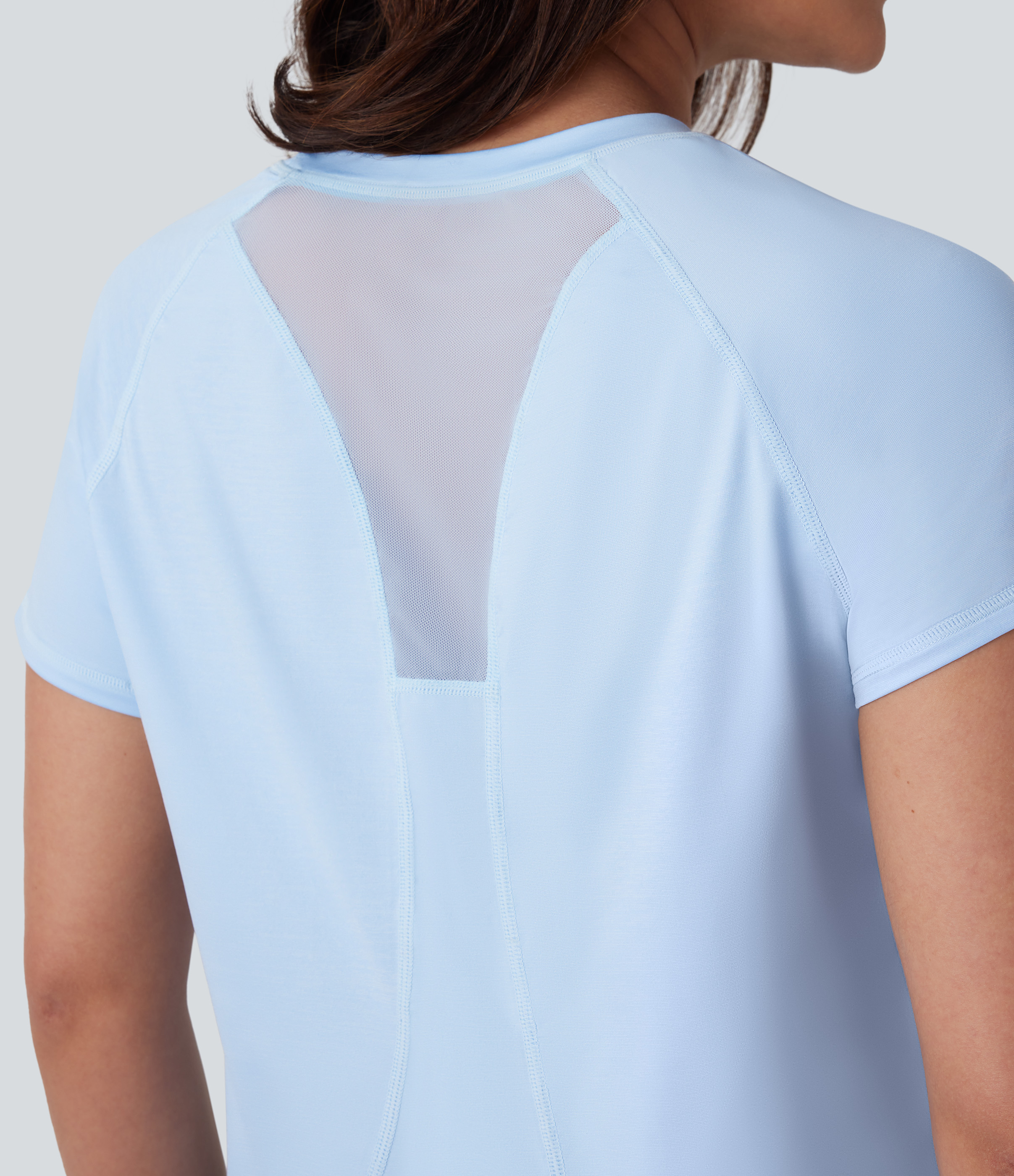 Halara Round Neck Short Sleeve Contrast Mesh Curved Hem Yoga Sports Top  - Baby Blue - M 