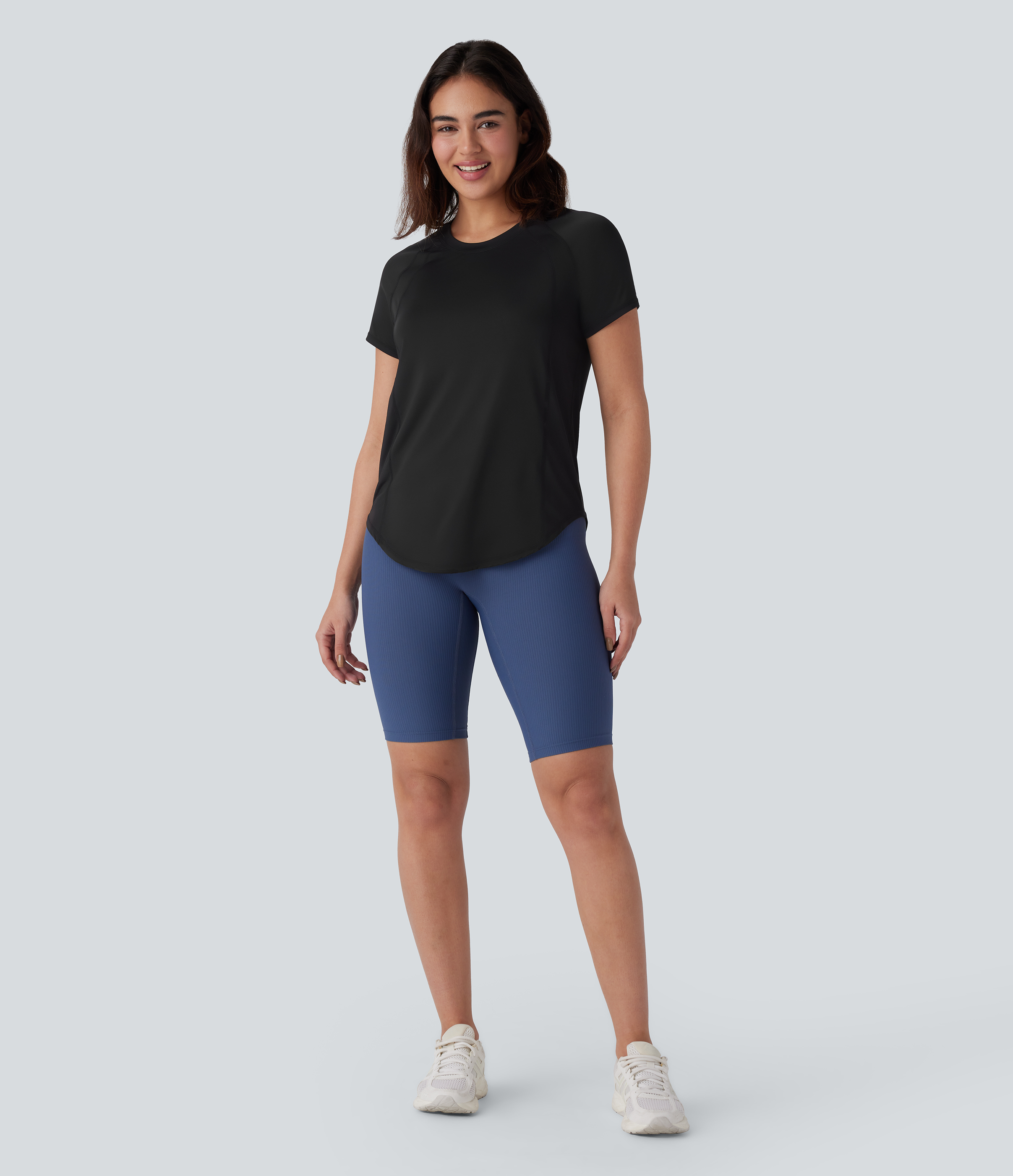 Halara Round Neck Short Sleeve Contrast Mesh Curved Hem Yoga Sports Top  - Black - S 