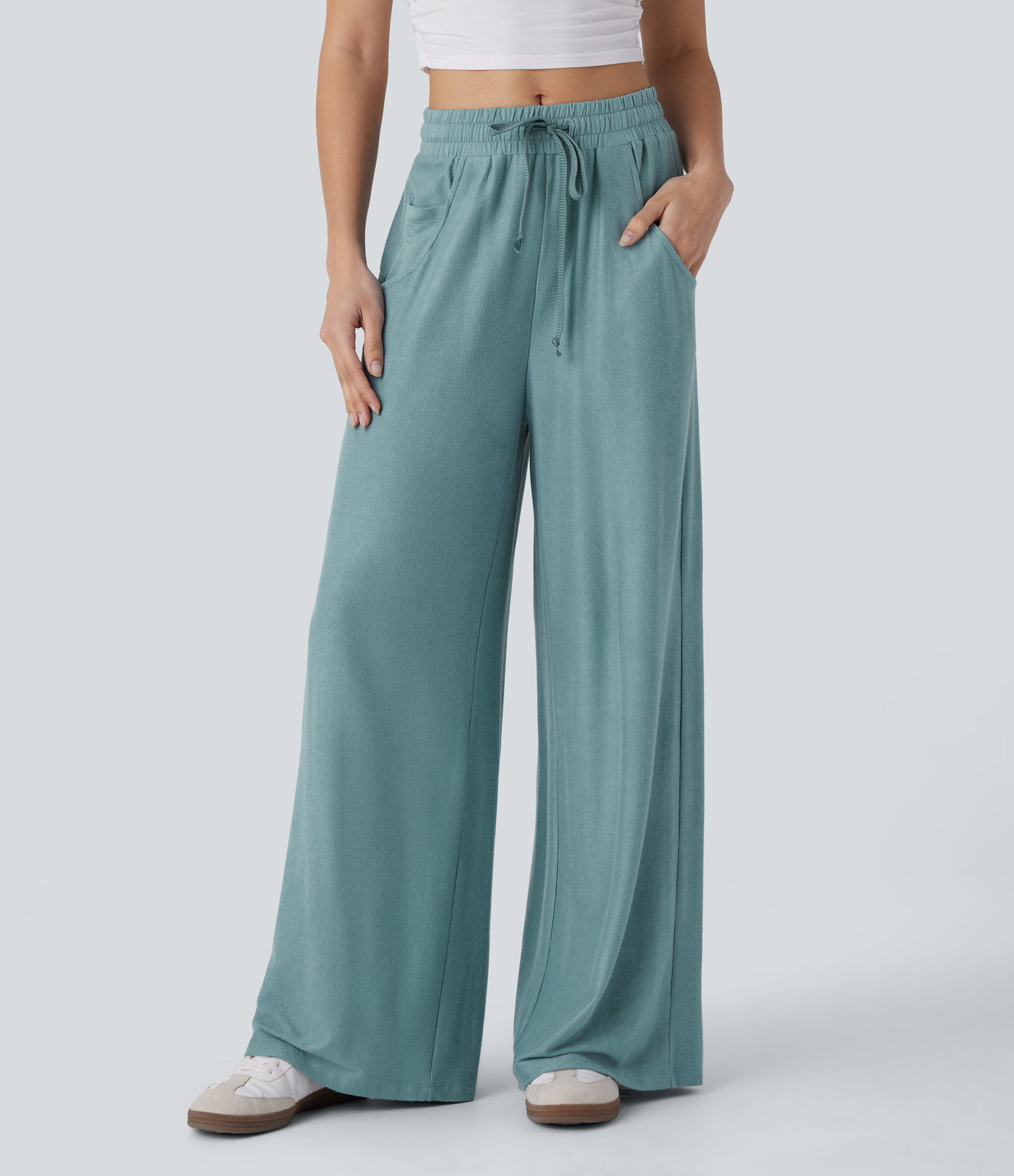 Halara Mid Rise Drawstring Side Pocket Wide Leg Casual Pants  - Mineral Blue - M(regular) sweatpants jogger pants stacked sweatpants 