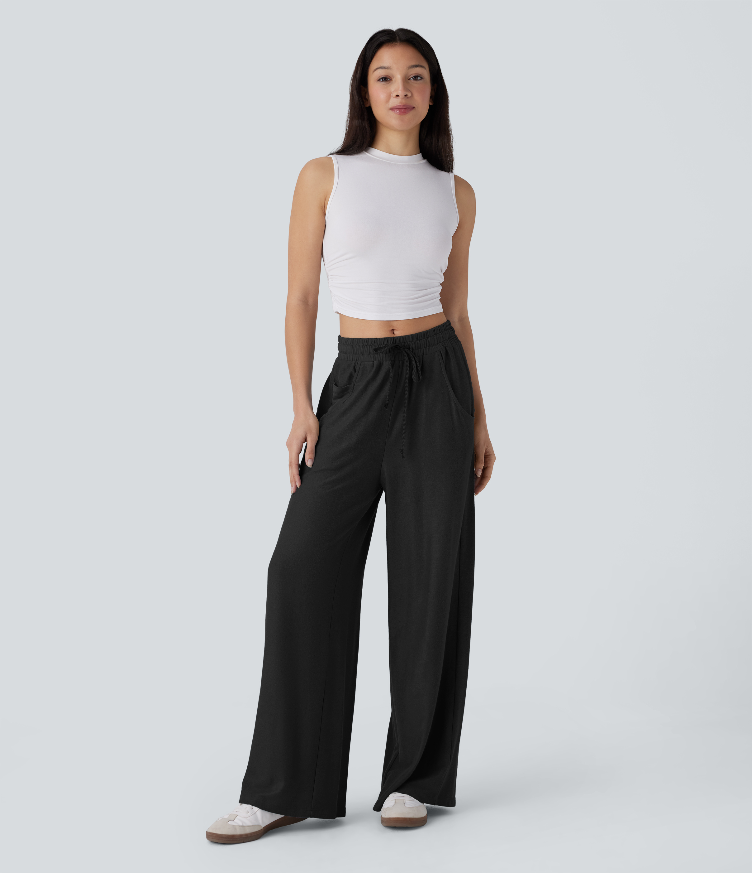 Halara Mid Rise Drawstring Side Pocket Wide Leg Casual Pants  - Black - S(regular) sweatpants jogger pants stacked sweatpants cargo joggers 