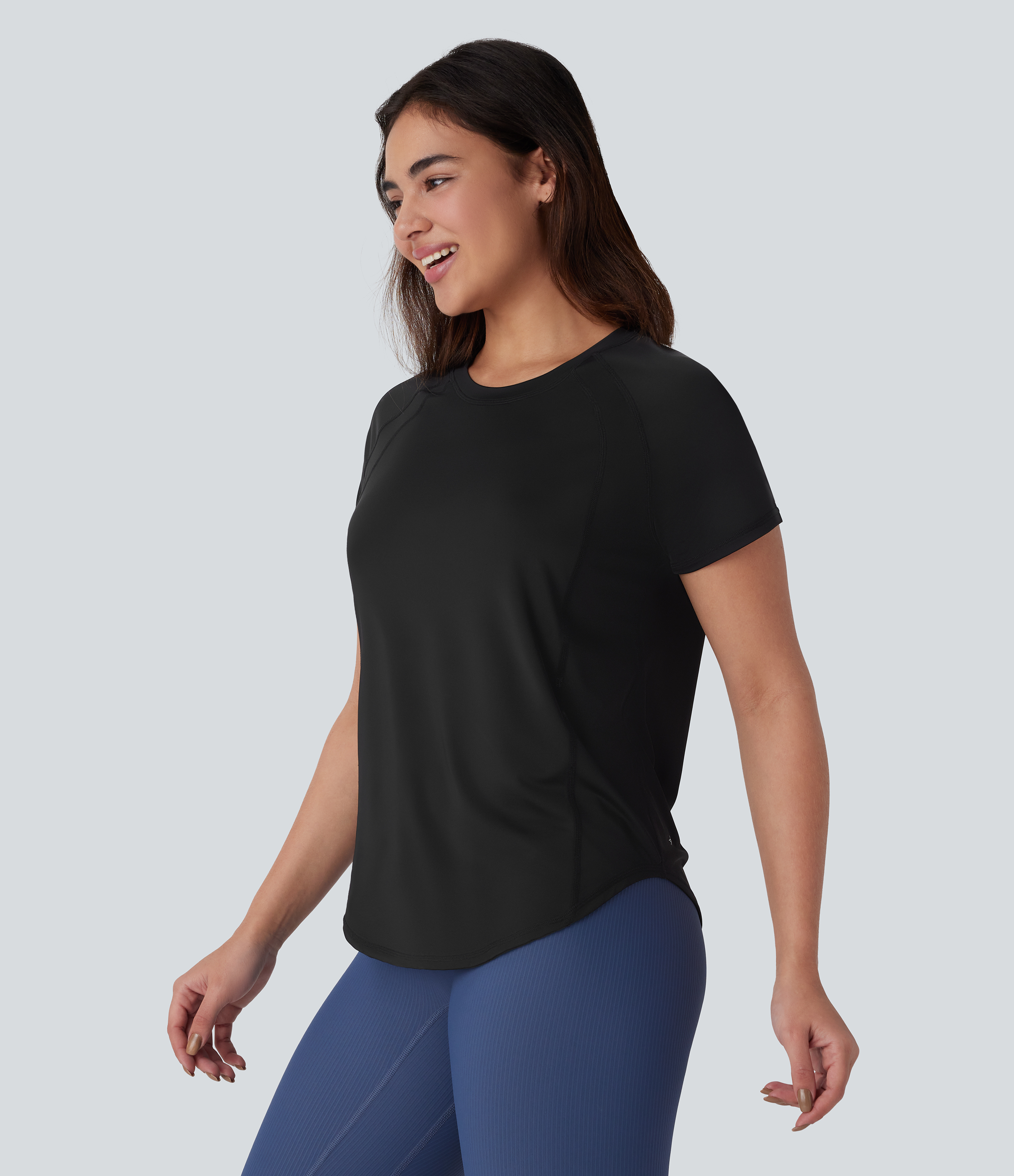 Halara Round Neck Short Sleeve Contrast Mesh Curved Hem Yoga Sports Top  - Black - S 
