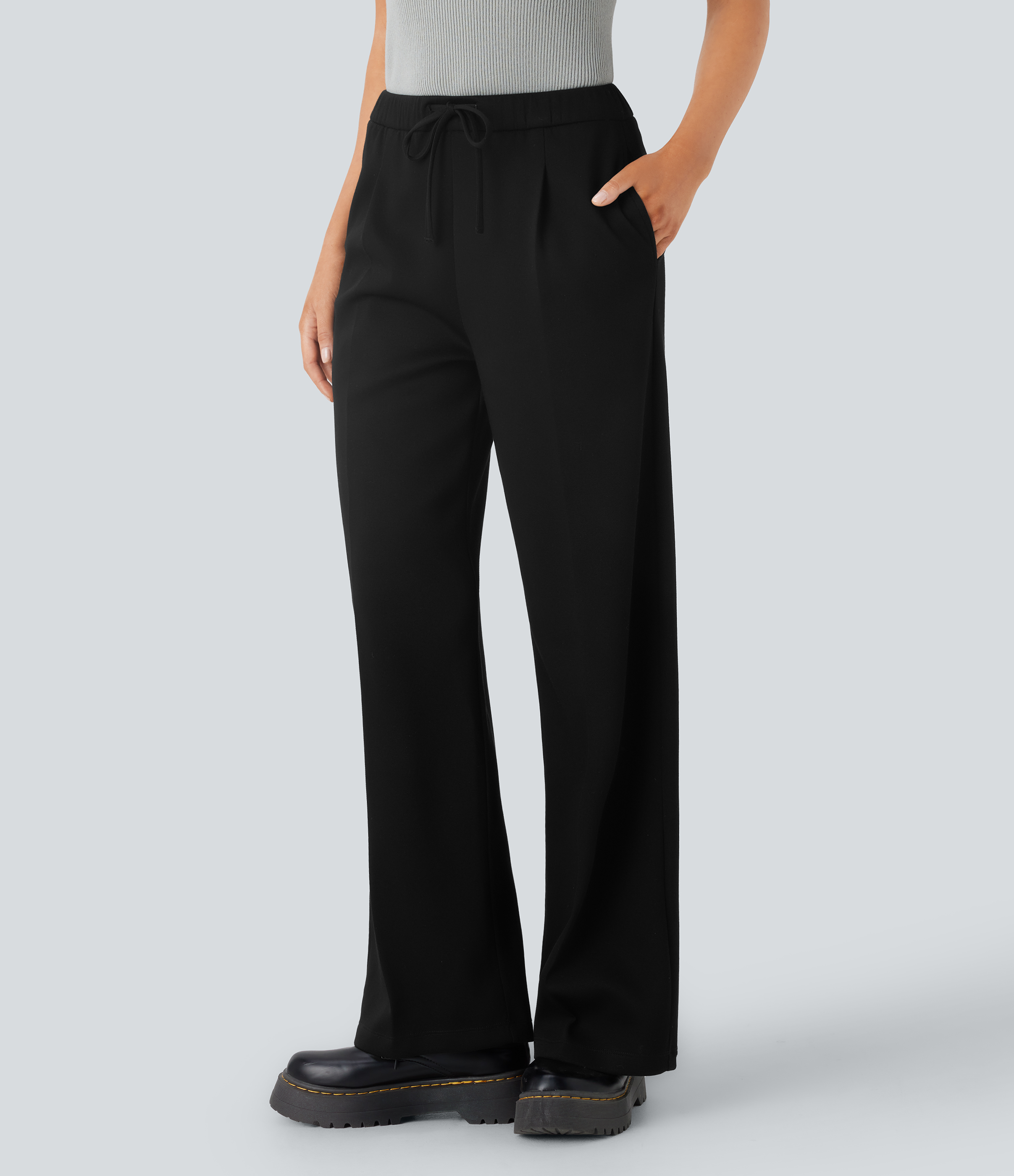 Halara Mid Rise Drawstring Side Pocket Straight Leg Work Pants  - Black - XL(regular) sweatpants jogger pants stacked sweatpants 