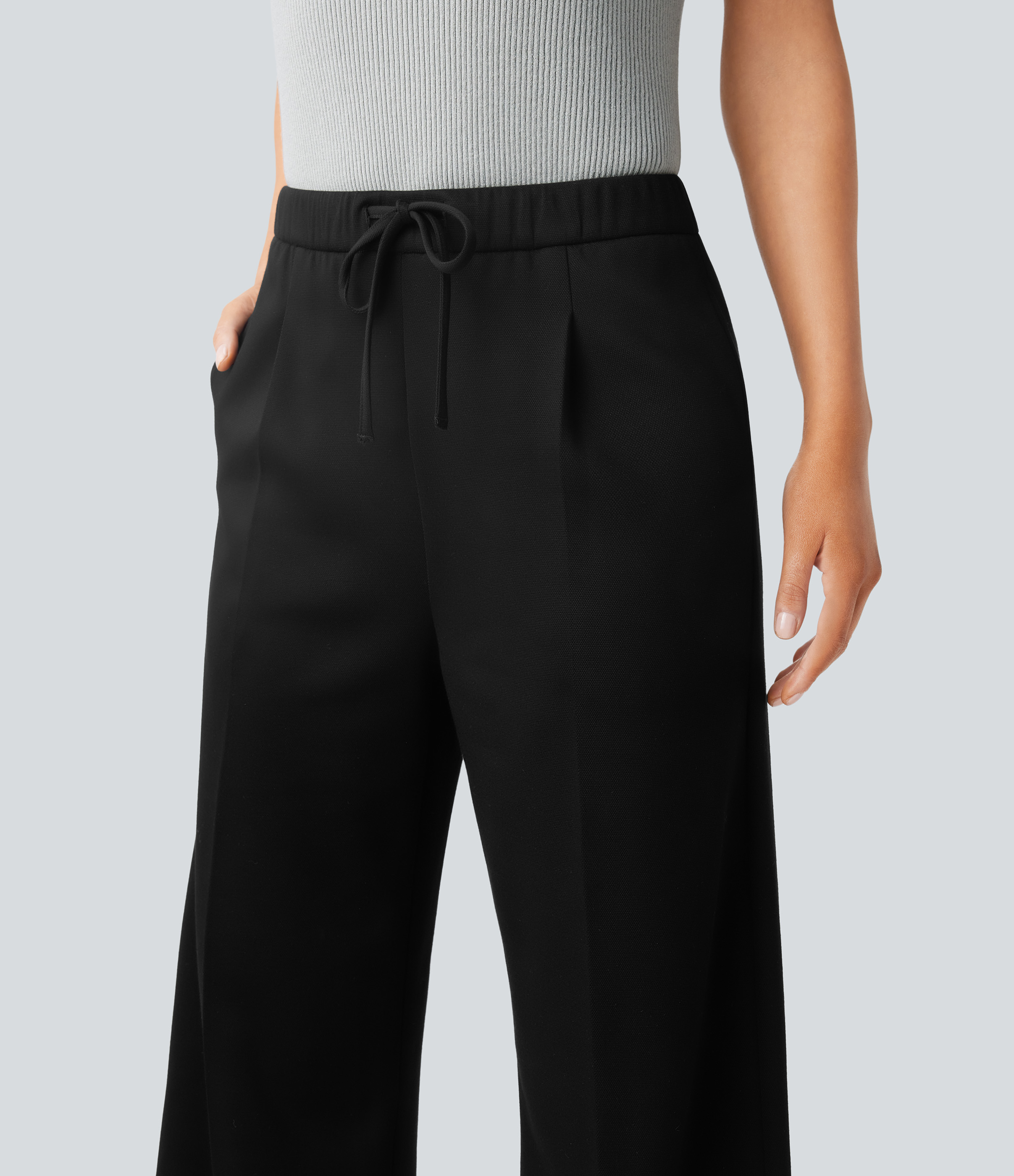 Halara Mid Rise Drawstring Side Pocket Straight Leg Work Pants  - Black - XL(regular) sweatpants jogger pants stacked sweatpants 