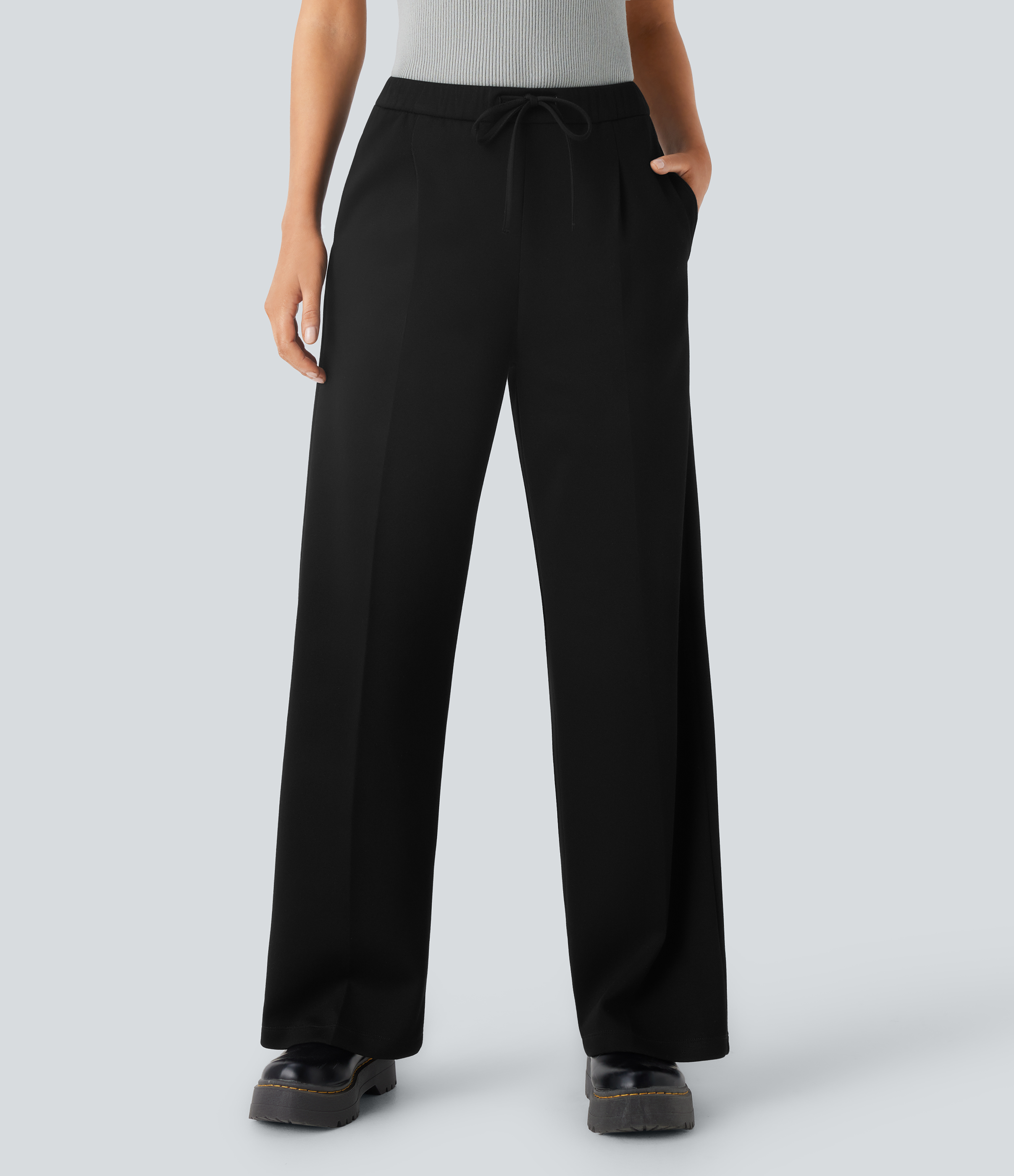Halara Mid Rise Drawstring Side Pocket Straight Leg Work Pants  - Black - XL(regular) sweatpants jogger pants stacked sweatpants 