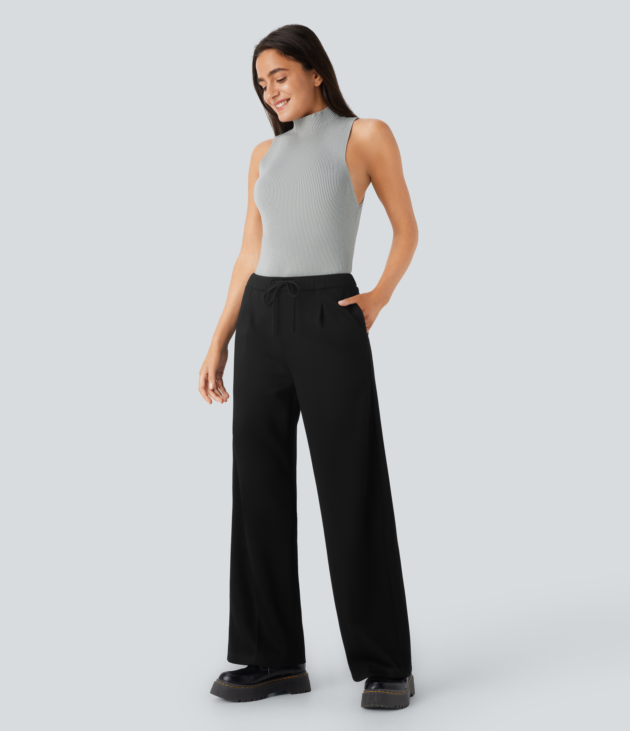 Halara Mid Rise Drawstring Side Pocket Straight Leg Work Pants  - Black - XL(regular) sweatpants jogger pants stacked sweatpants 