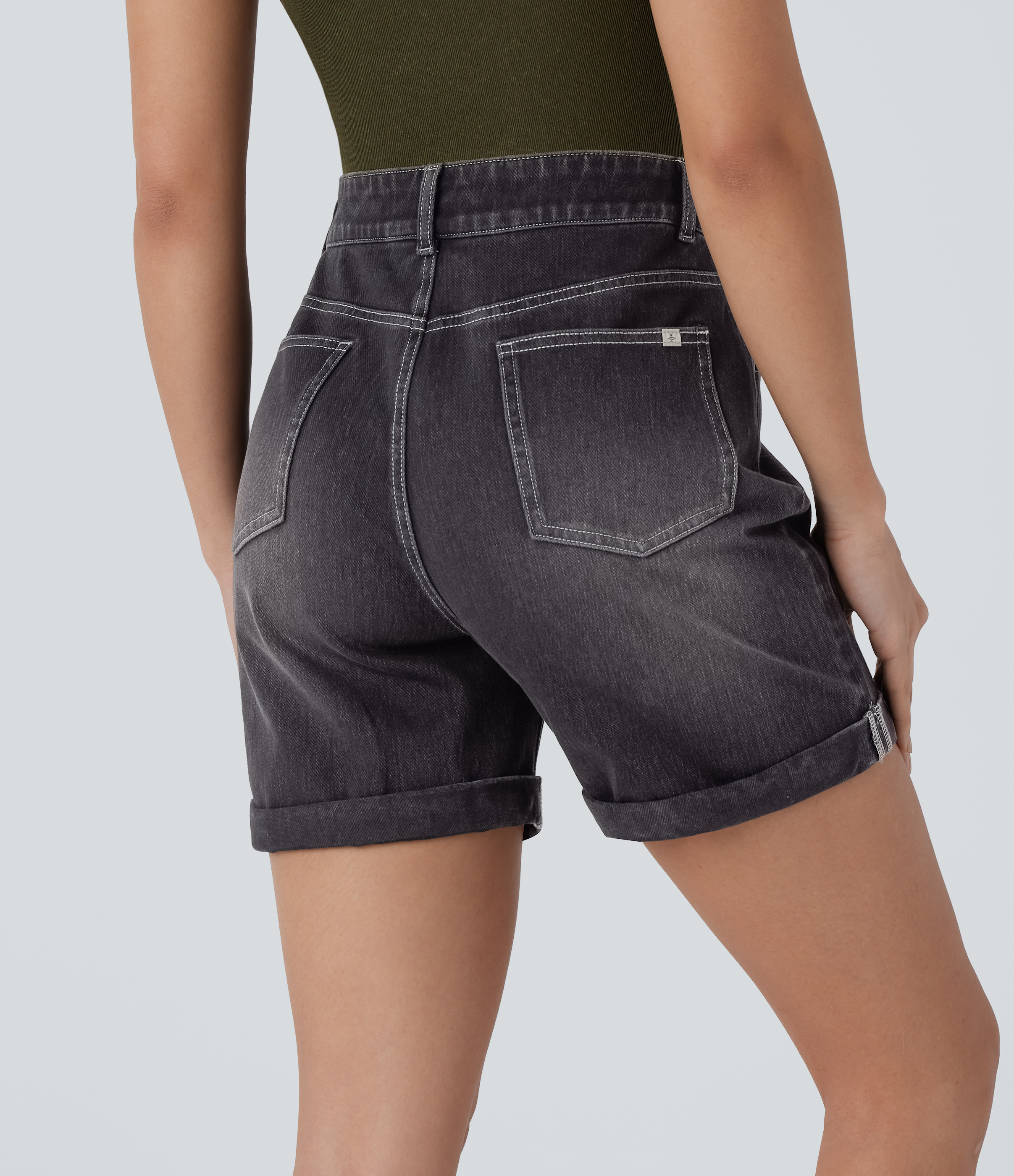 Halara Flex™ High Waisted Pockets Ripped Rolled Hem Washed Denim Casual Shorts