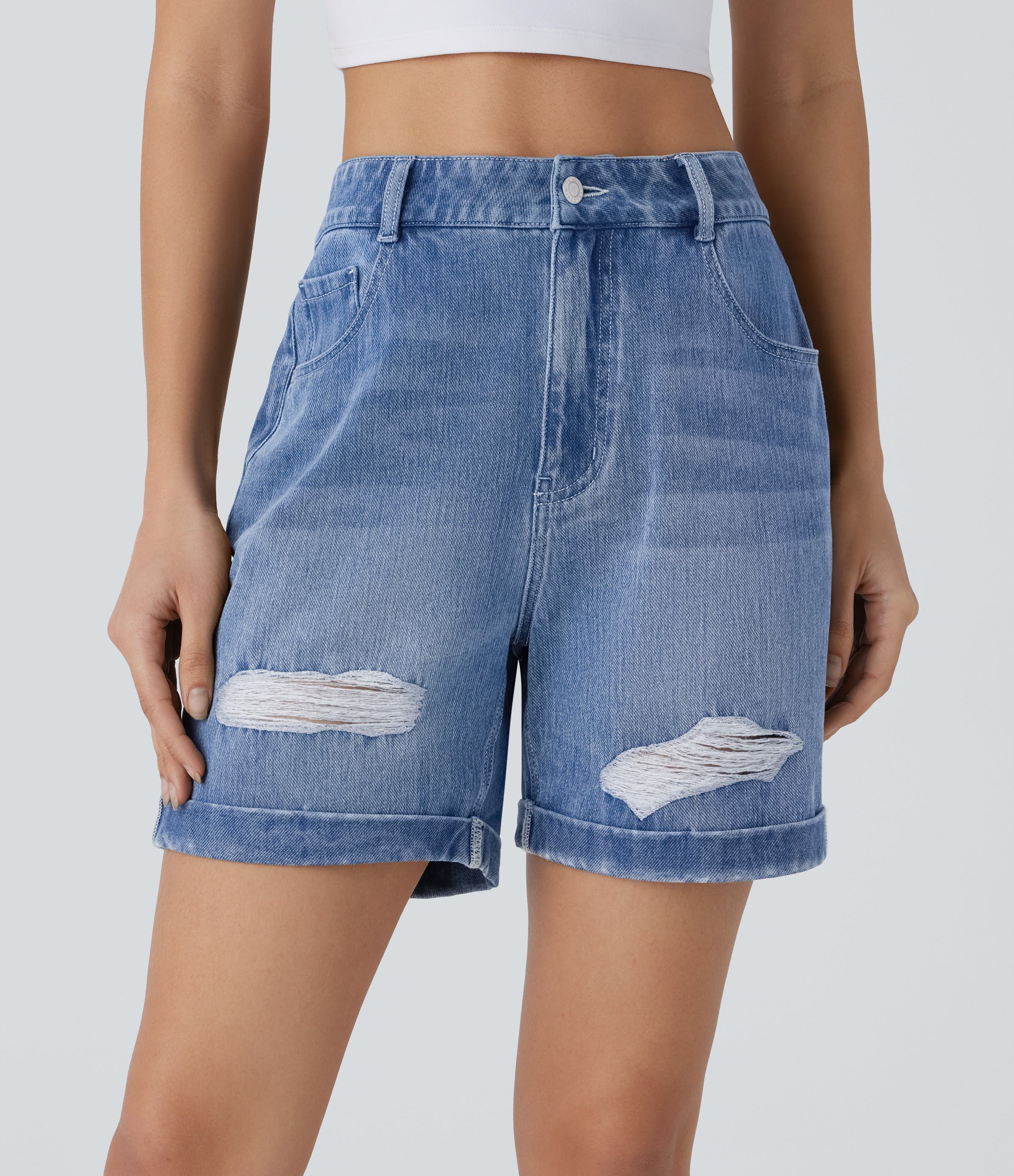 Halara Flex™ High Waisted Pockets Ripped Rolled Hem Washed Denim Casual Shorts