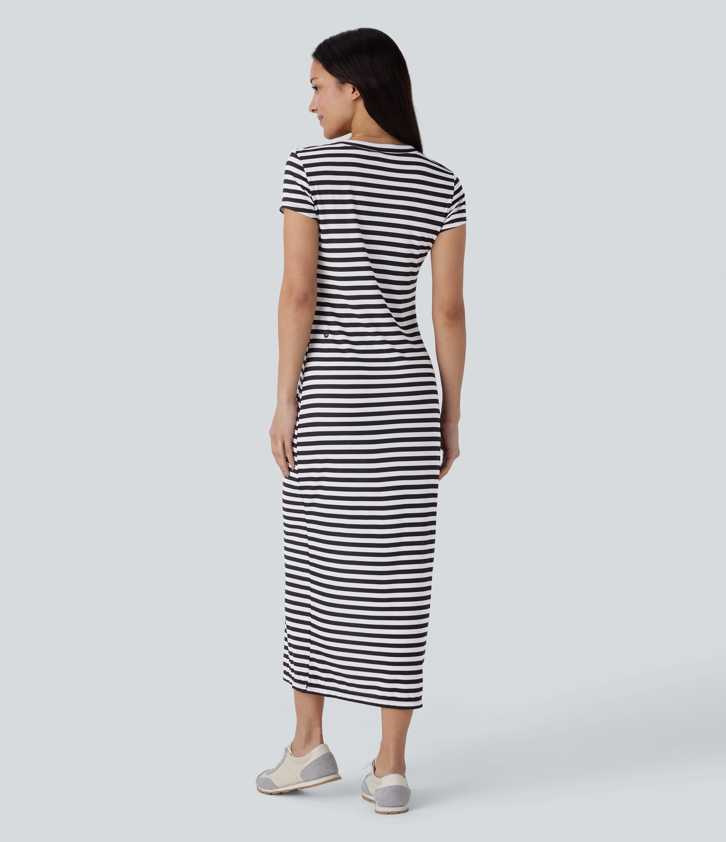 Halara V Neck Stripe Midi Casual T-Shirt Dress Casual Dress - White Black Horizontal Stripe - XS slip dress beach dress ruched dress 