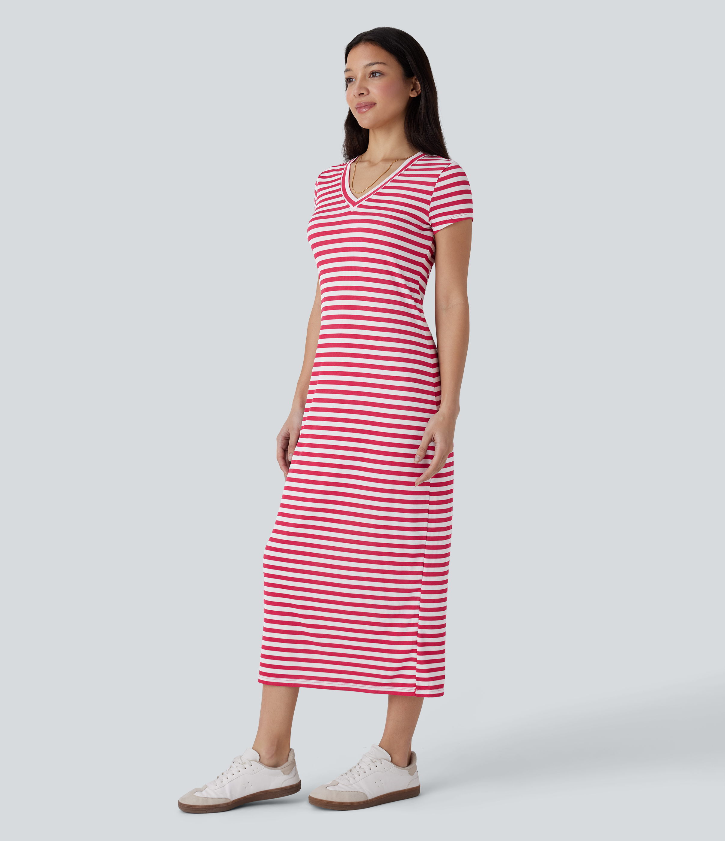 Halara V Neck Stripe Midi Casual T-Shirt Dress Casual Dress - Rose Red Horizontal Stripe - XS slip dress beach dress ruched dress 