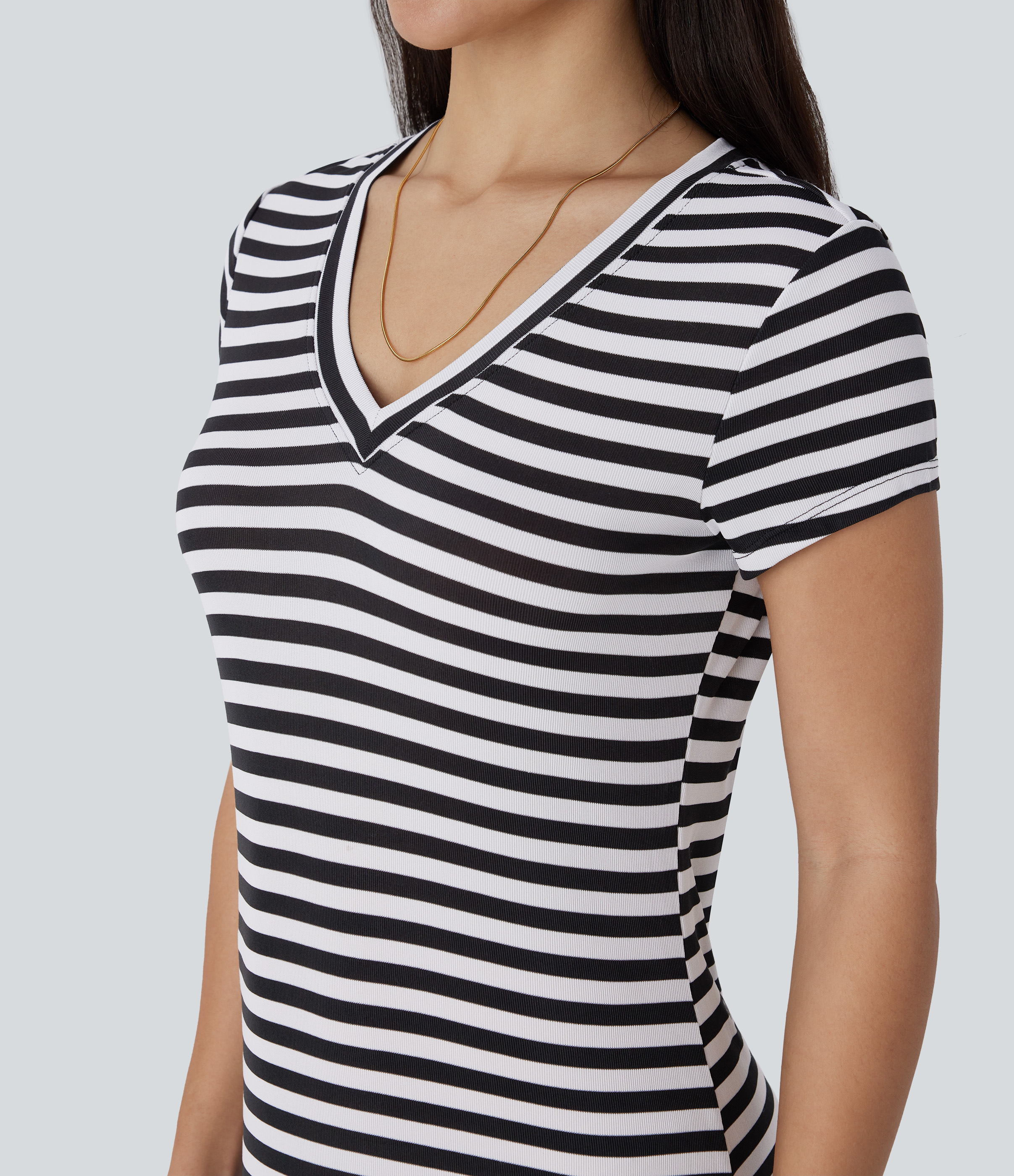 Halara V Neck Stripe Midi Casual T-Shirt Dress Casual Dress - White Black Horizontal Stripe - XS slip dress beach dress ruched dress 