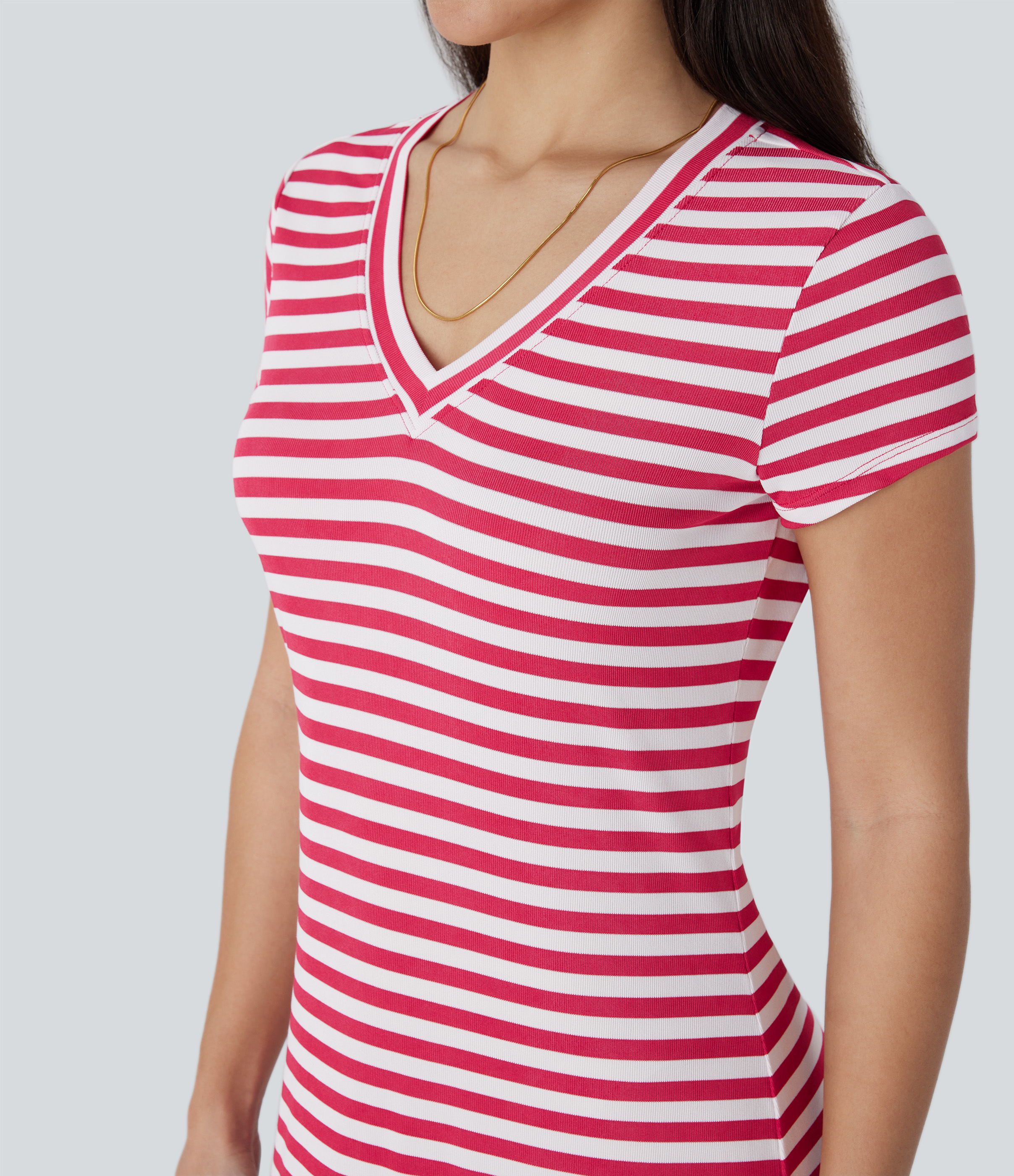 Halara V Neck Stripe Midi Casual T-Shirt Dress Casual Dress - Rose Red Horizontal Stripe - XS slip dress beach dress ruched dress 