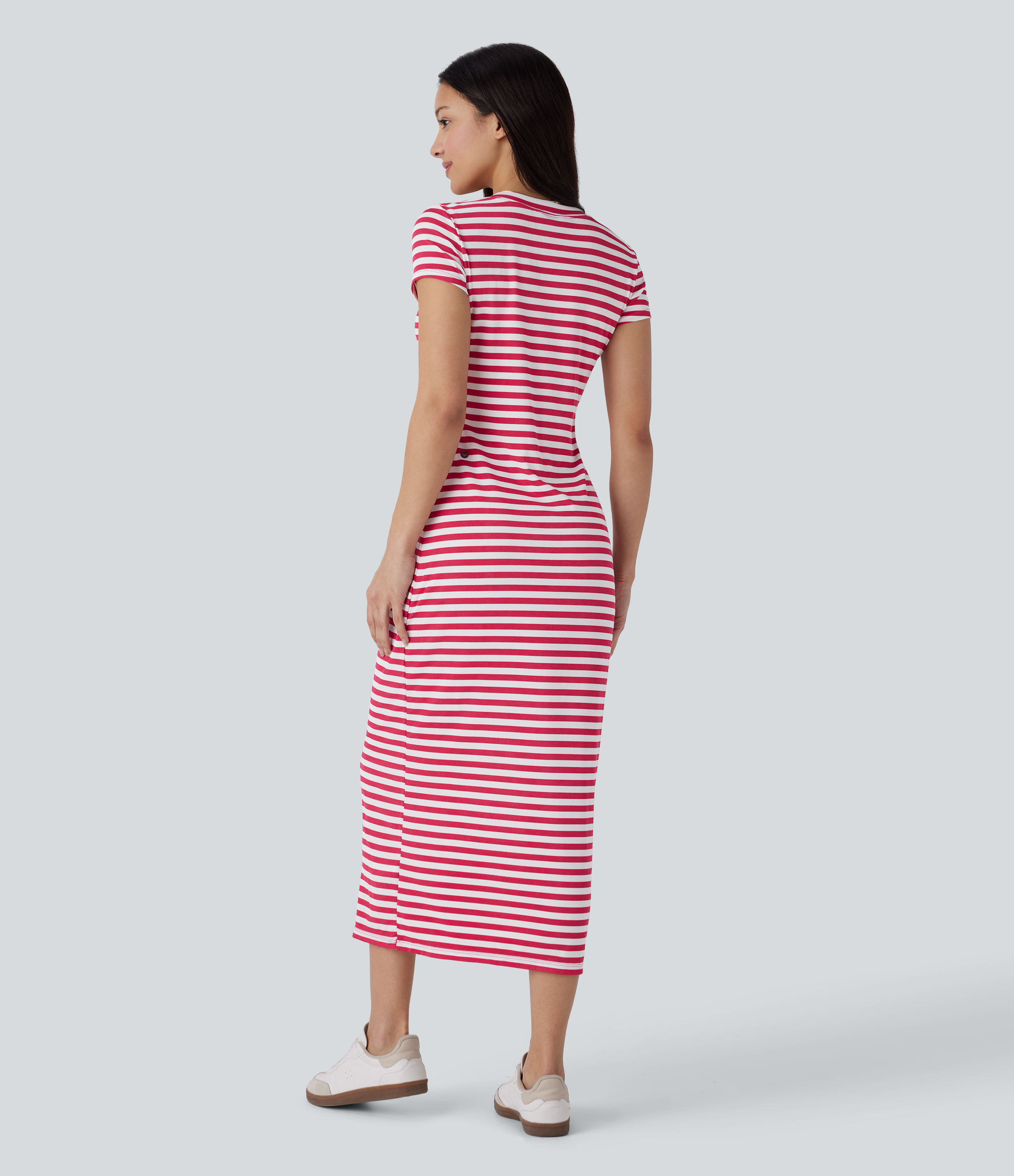 Halara V Neck Stripe Midi Casual T-Shirt Dress Casual Dress - Rose Red Horizontal Stripe - XS slip dress beach dress ruched dress 