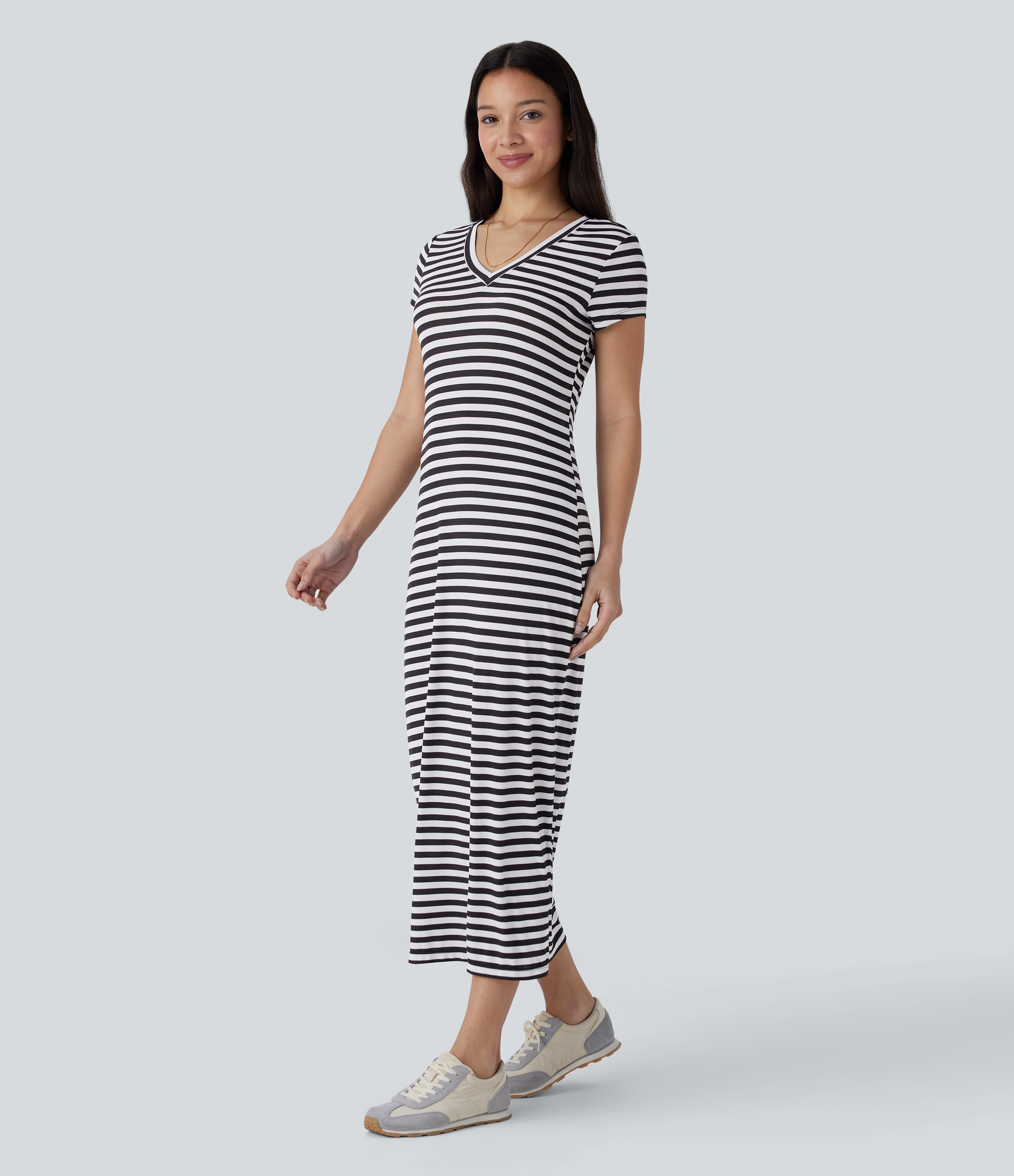 Halara V Neck Stripe Midi Casual T-Shirt Dress Casual Dress - White Black Horizontal Stripe - XS slip dress beach dress ruched dress 