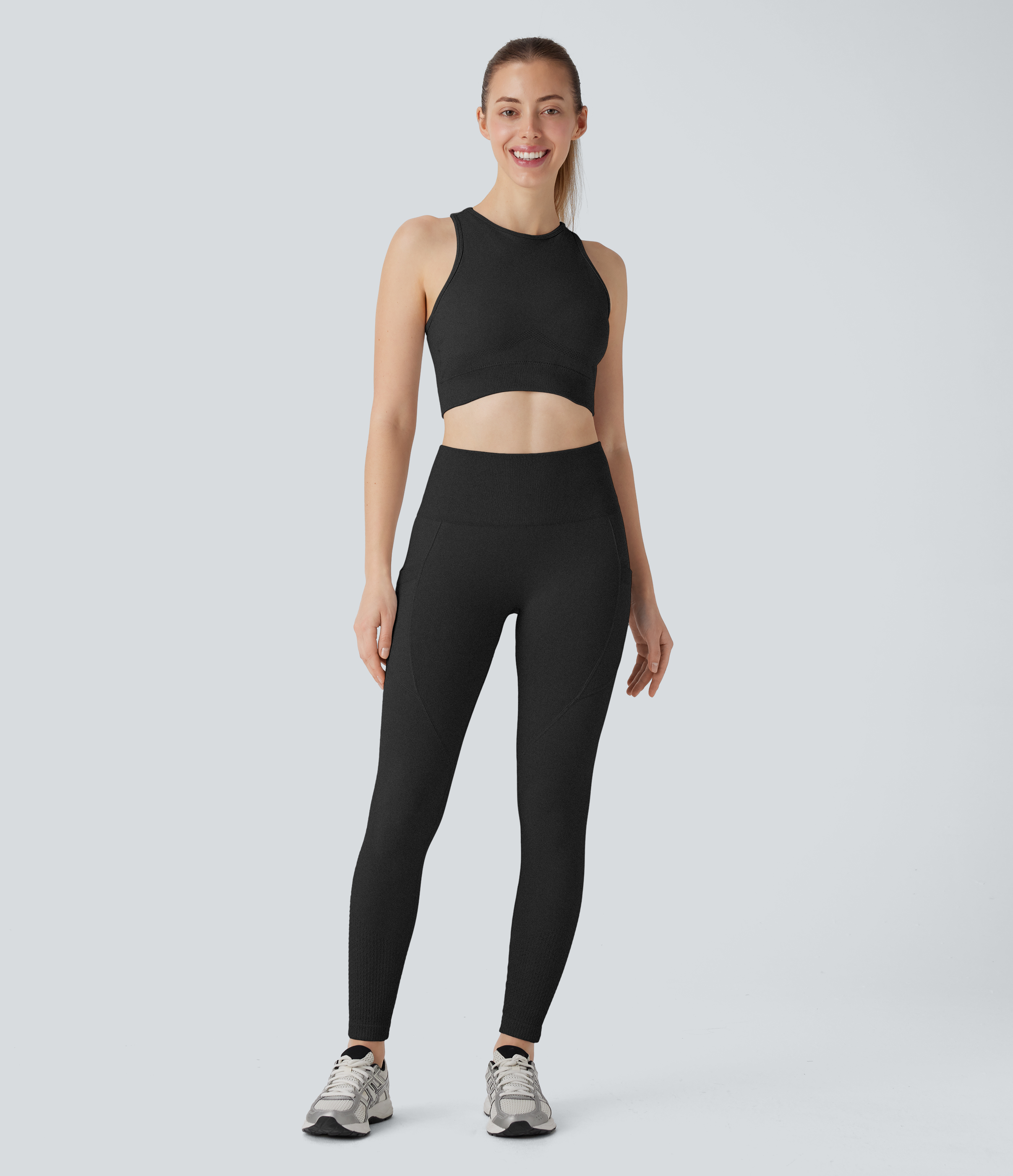 Halara Seamless Flow High Waisted Tummy Control Butt Lifting Side Pocket 7/8 Yoga Leggings  - Black - XS(7/8) gym leggings 