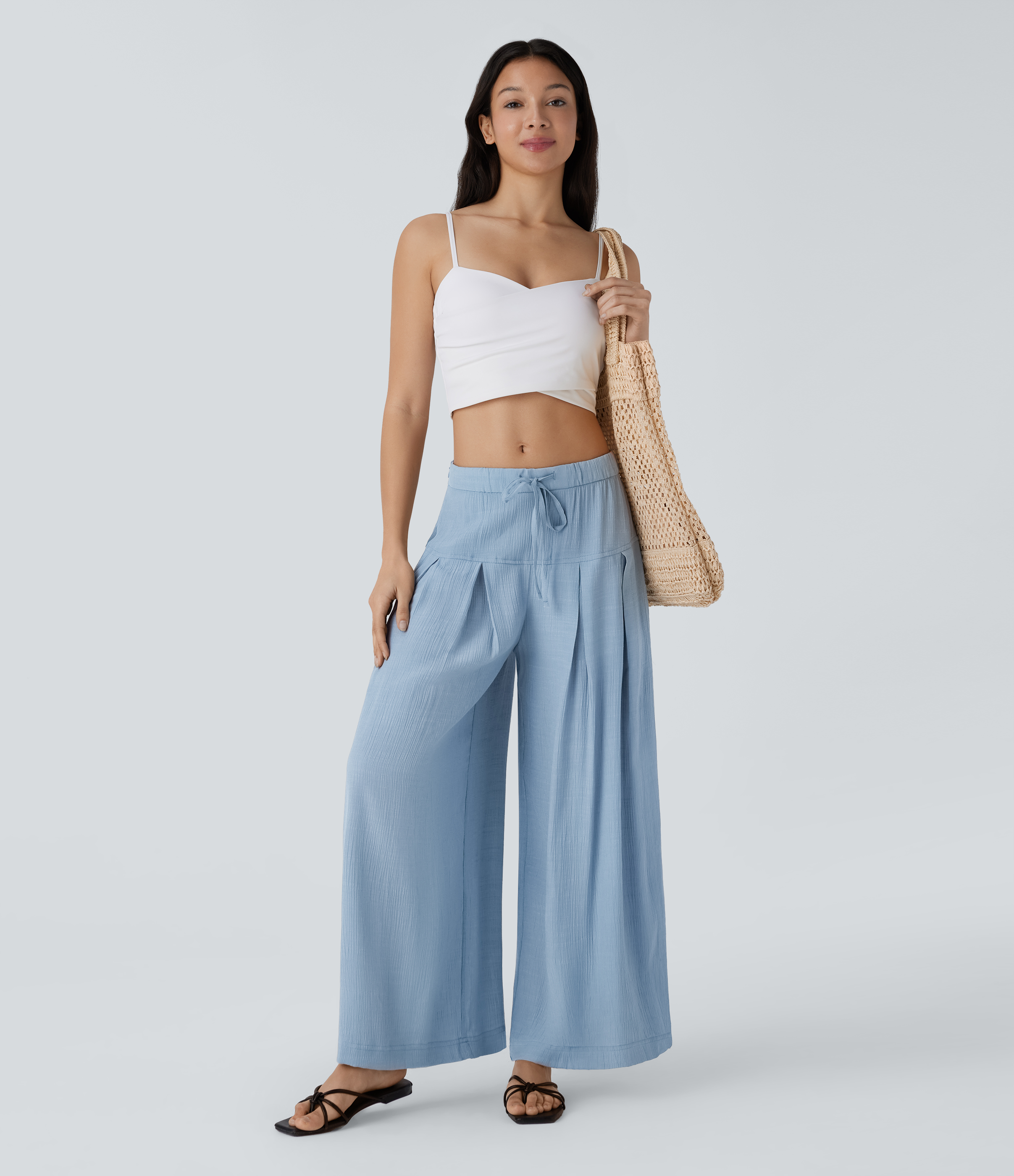 Halara Low Rise Drawstring Invisible Zipper Side Pocket Wide Leg Resort Pants  - Dusty Cyan Blue - S(regular) sweatpants jogger pants 