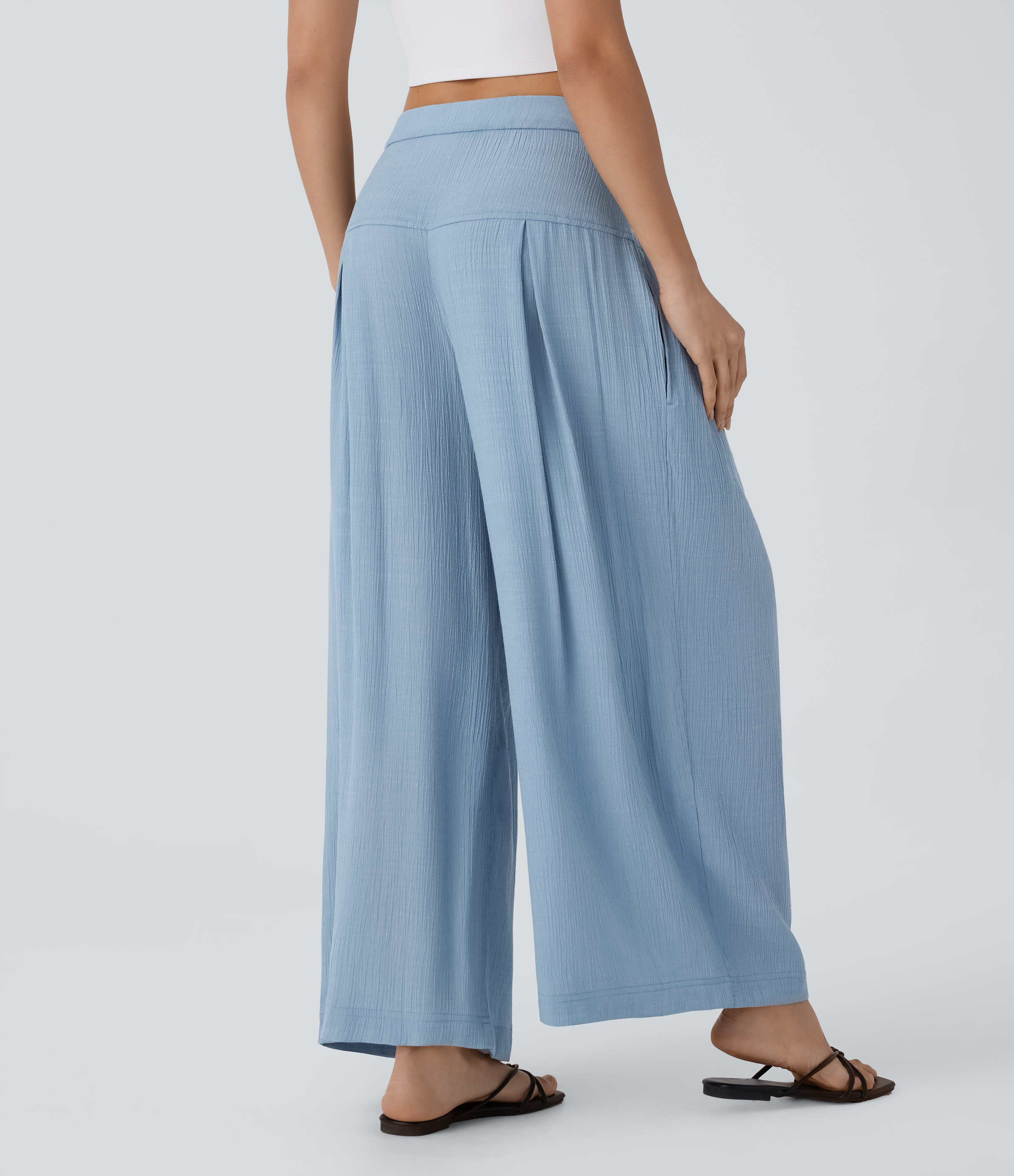 Halara Low Rise Drawstring Invisible Zipper Side Pocket Wide Leg Resort Pants  - Dusty Cyan Blue - S(regular) sweatpants jogger pants 