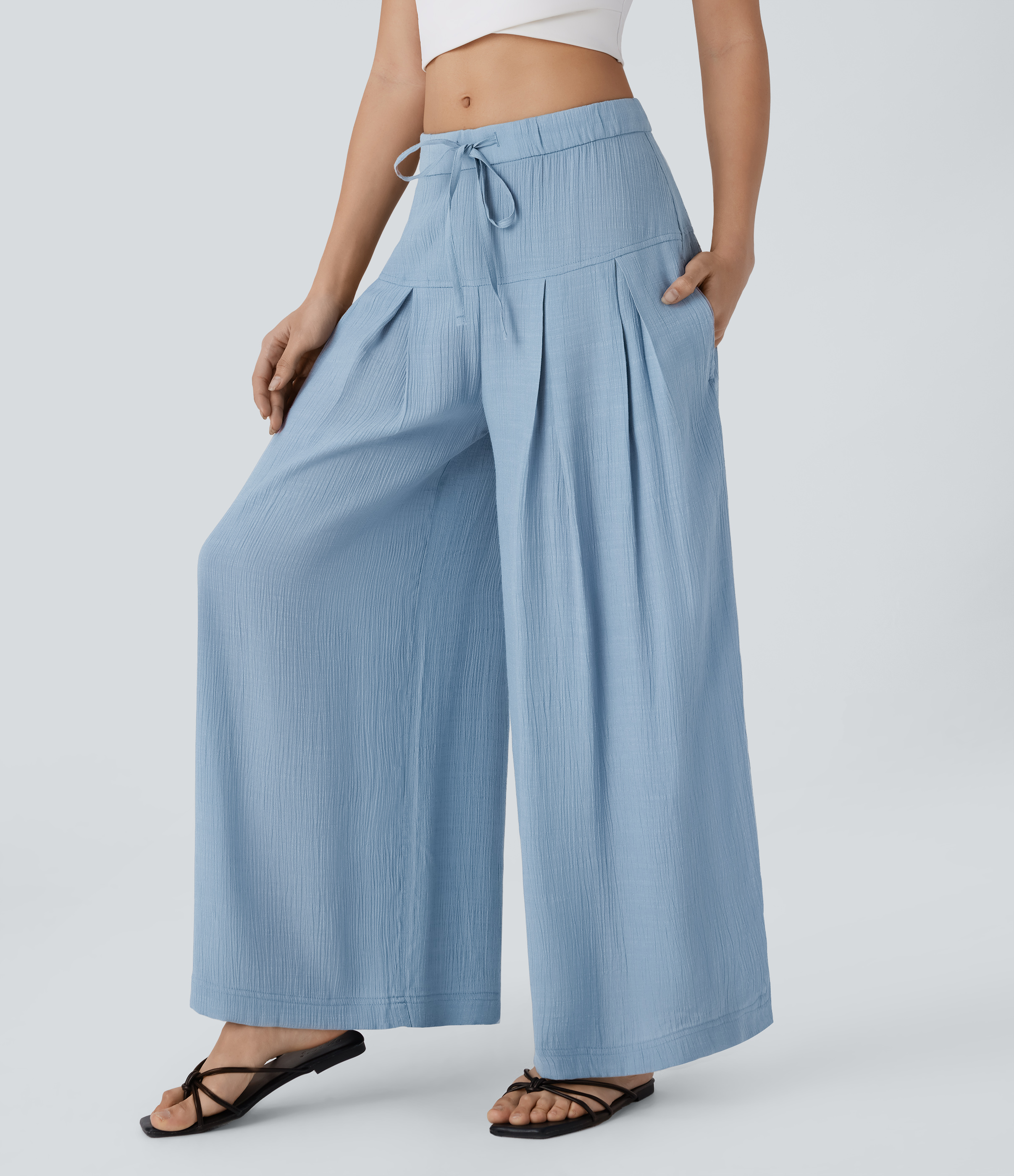Halara Low Rise Drawstring Invisible Zipper Side Pocket Wide Leg Resort Pants  - Dusty Cyan Blue - S(regular) sweatpants jogger pants 