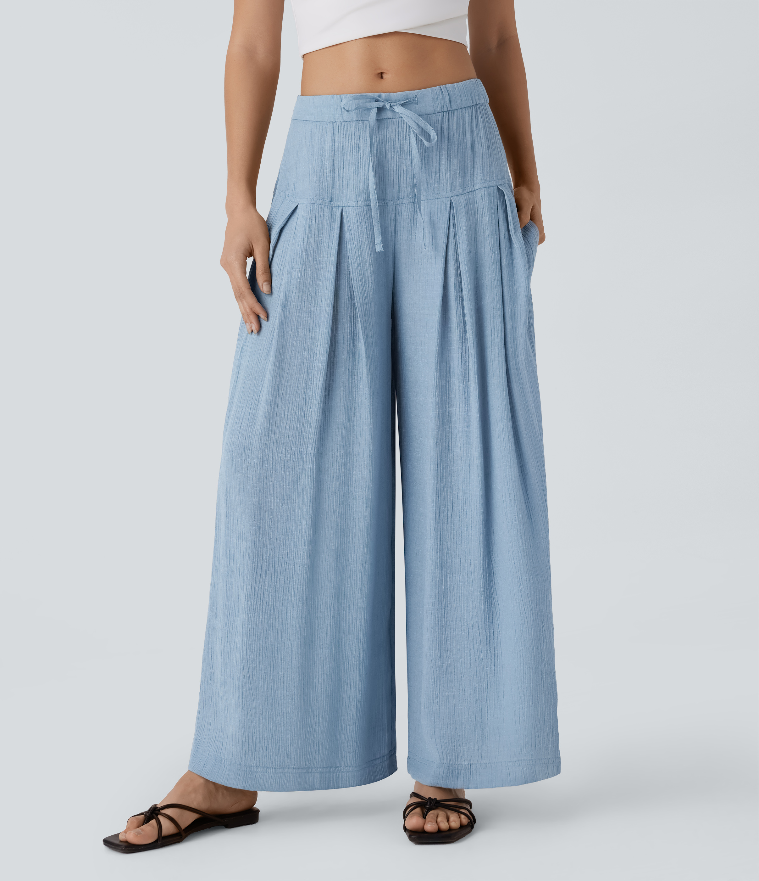 Halara Low Rise Drawstring Invisible Zipper Side Pocket Wide Leg Resort Pants  - Dusty Cyan Blue - S(regular) sweatpants jogger pants 