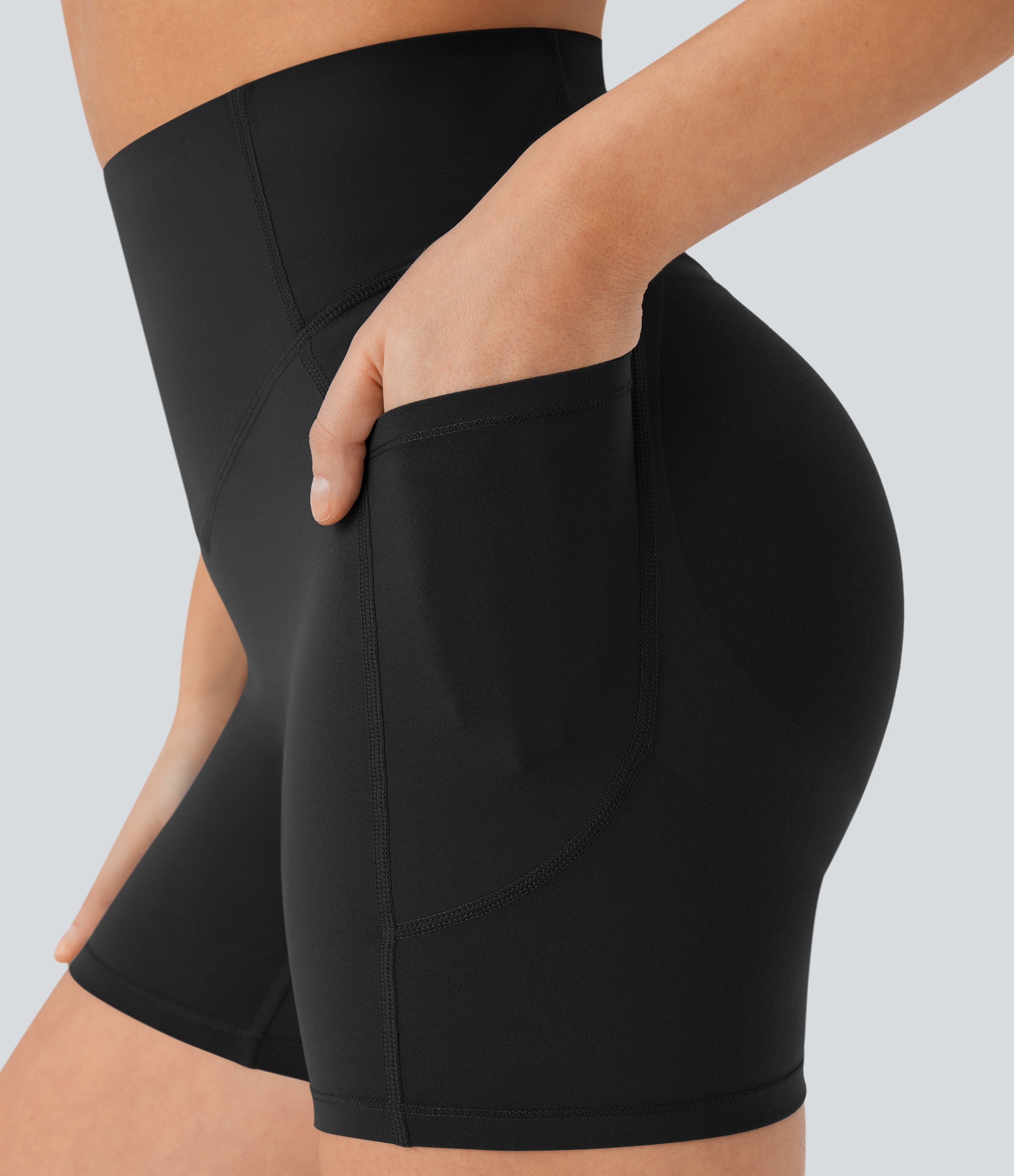 Halara SoCinched High Waisted Butt Lifting Tummy Control Side Pocket Shaping Workout UltraSculpt Biker Shorts 5``  - Black - L 