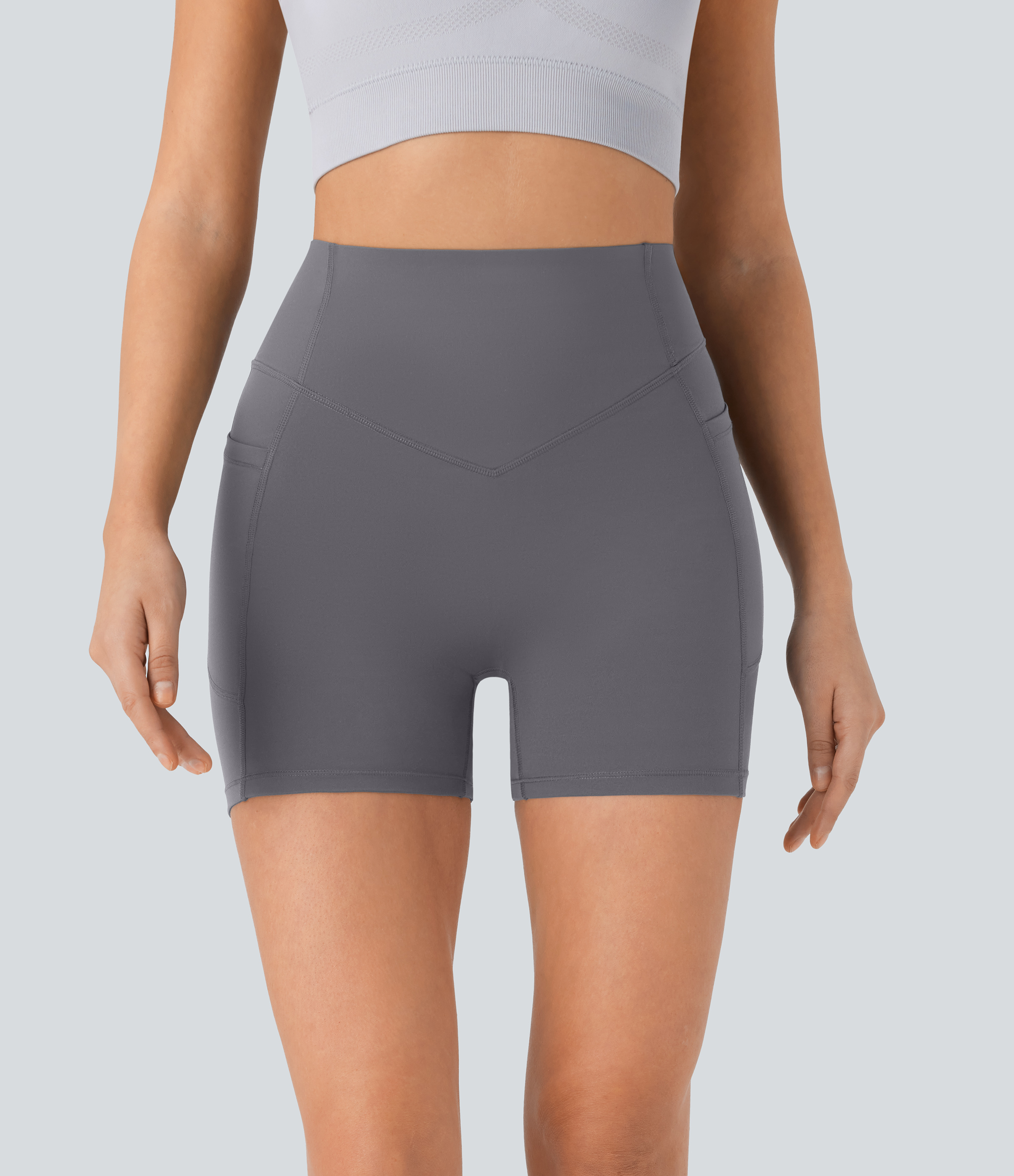 Halara SoCinched High Waisted Butt Lifting Tummy Control Side Pocket Shaping Workout UltraSculpt Biker Shorts 5``  - Volcanic Ash - S 