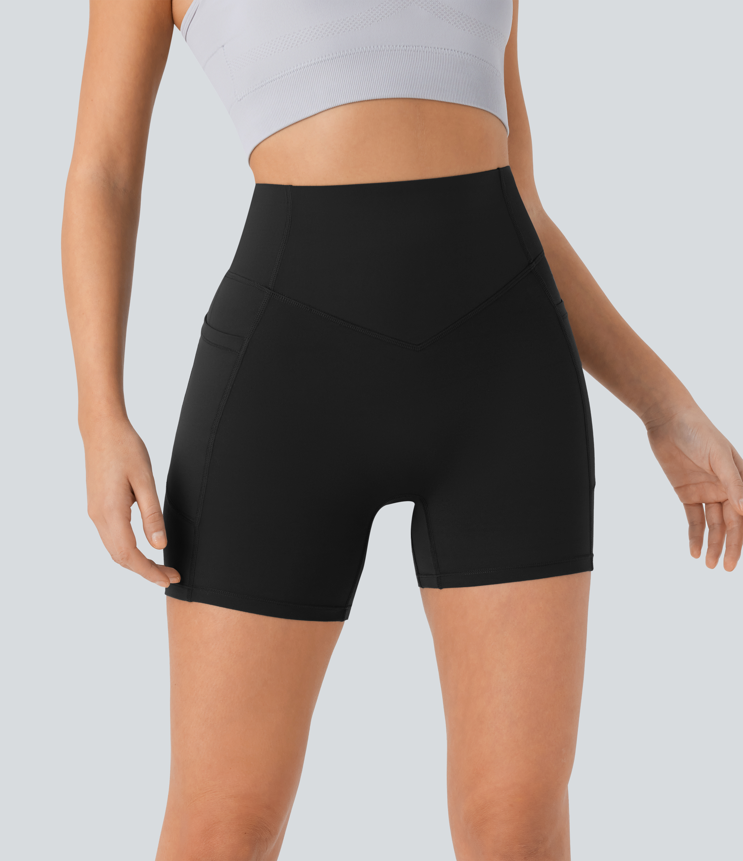 Halara SoCinched High Waisted Butt Lifting Tummy Control Side Pocket Shaping Workout UltraSculpt Biker Shorts 5``  - Black - L 