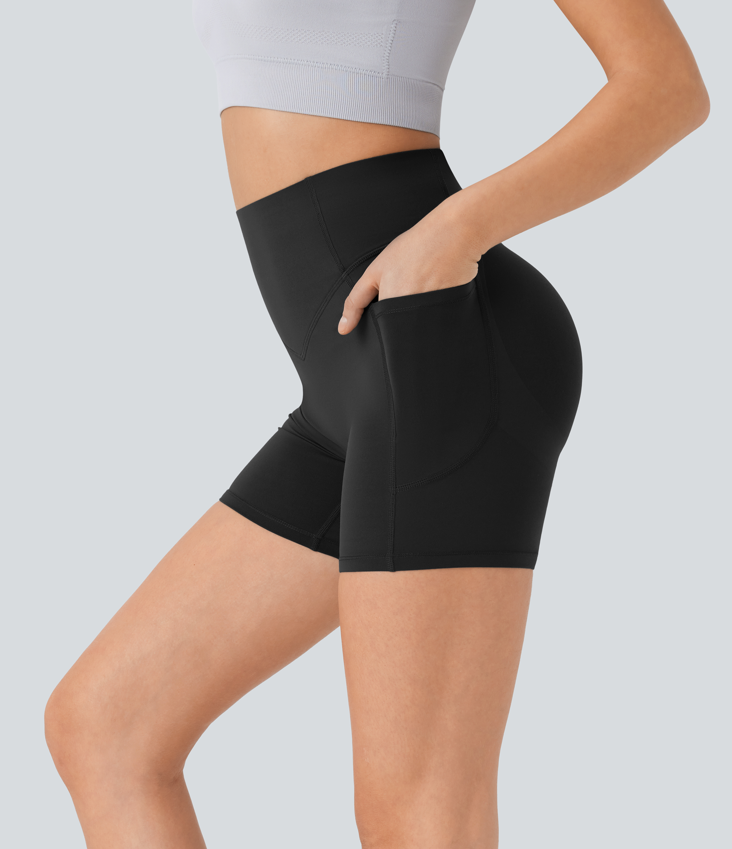 Halara SoCinched High Waisted Butt Lifting Tummy Control Side Pocket Shaping Workout UltraSculpt Biker Shorts 5``  - Black - L 