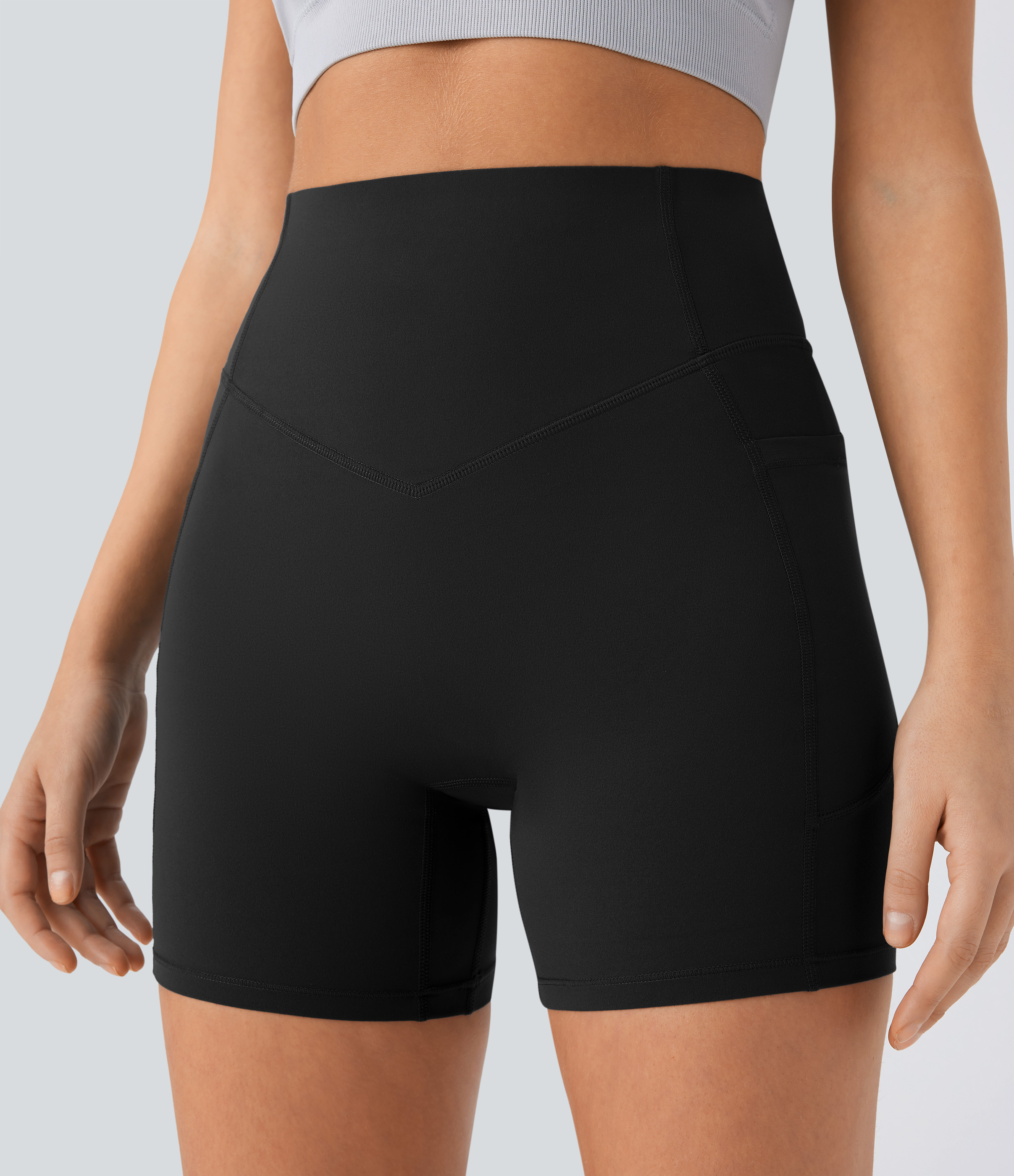 Halara SoCinched High Waisted Butt Lifting Tummy Control Side Pocket Shaping Workout UltraSculpt Biker Shorts 5``  - Black - L 