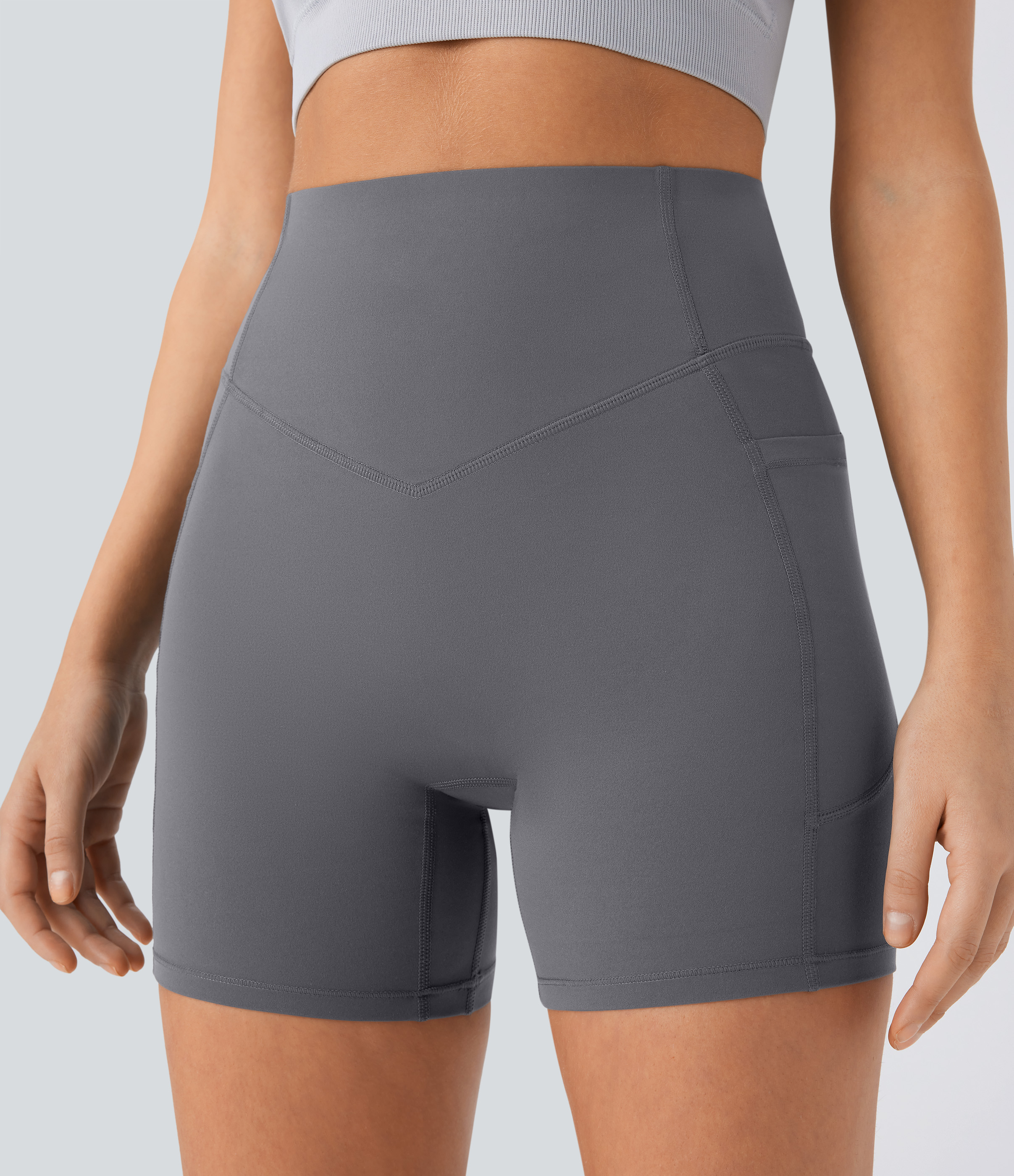 Halara SoCinched High Waisted Butt Lifting Tummy Control Side Pocket Shaping Workout UltraSculpt Biker Shorts 5``  - Volcanic Ash - S 