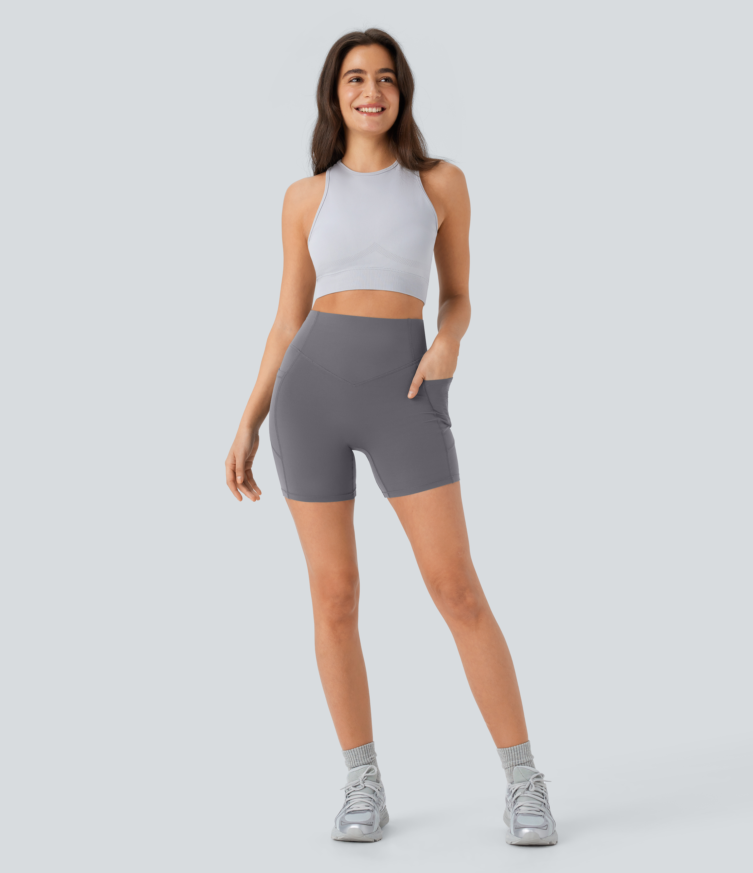 Halara SoCinched High Waisted Butt Lifting Tummy Control Side Pocket Shaping Workout UltraSculpt Biker Shorts 5``  - Volcanic Ash - S 