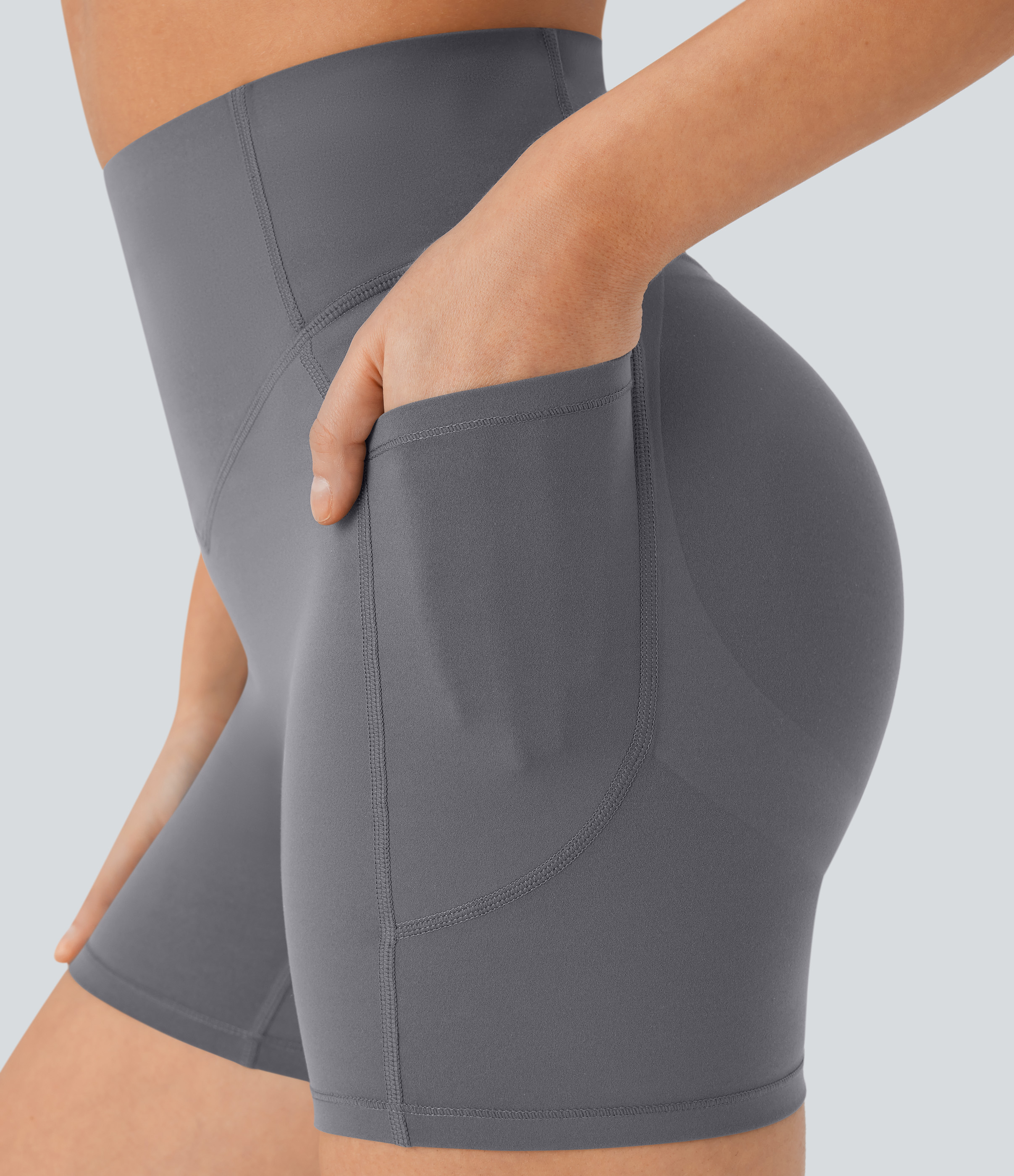 Halara SoCinched High Waisted Butt Lifting Tummy Control Side Pocket Shaping Workout UltraSculpt Biker Shorts 5``  - Volcanic Ash - S 